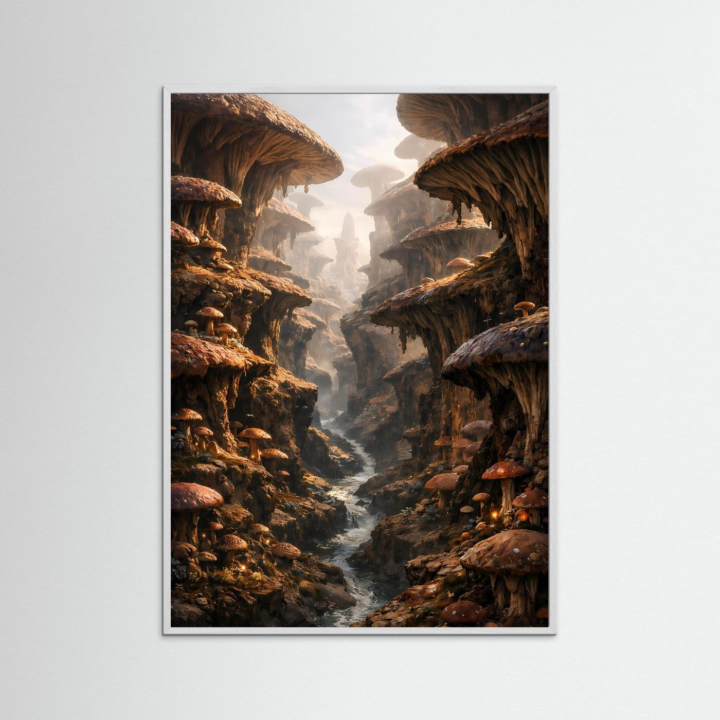 Fantasy-Poster im weißem Holzrahmen mit Pilzfelsen-Tal und schmalem Flusslauf, warm