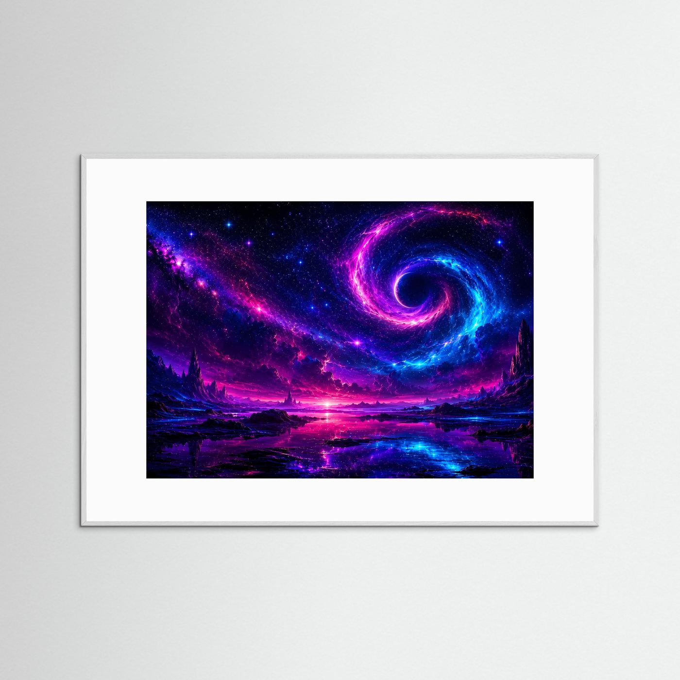 Kosmischer Wirbel Poster Querformat | Neon Galaxie Wandbild in Pink Blau | Futurale Weltraum Kunst mit Sternenhimmel