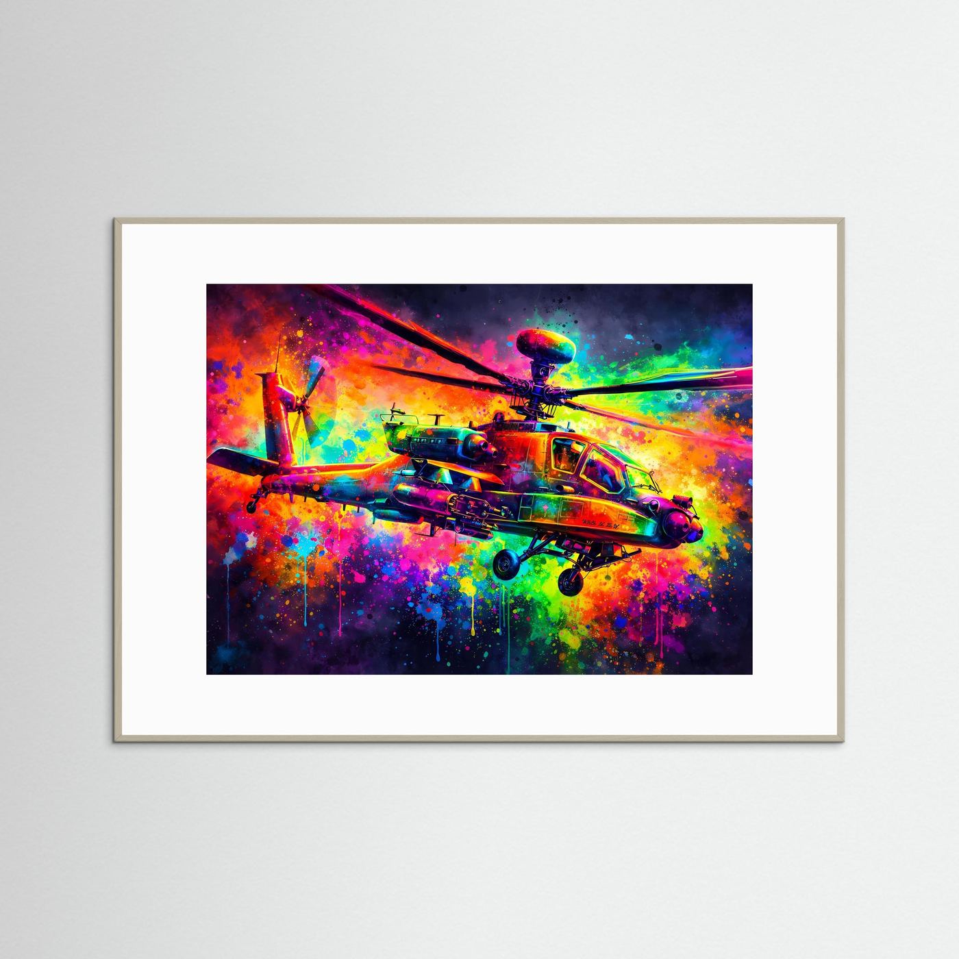 Helikopter-Poster im Querformat, farbiger Abstract-Druck mit weißem Rahmen