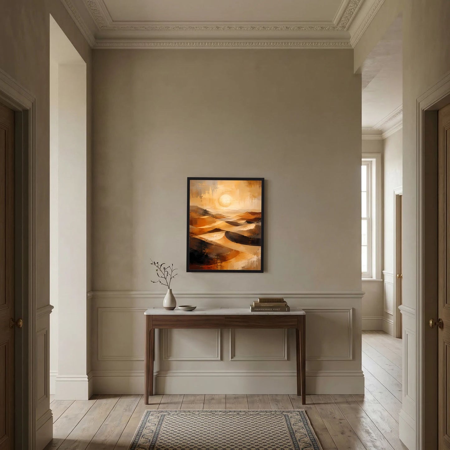Gerahmtes Wüsten-Poster in Gold und Orange mit Kreis-Sonne und dunklen Dünen.