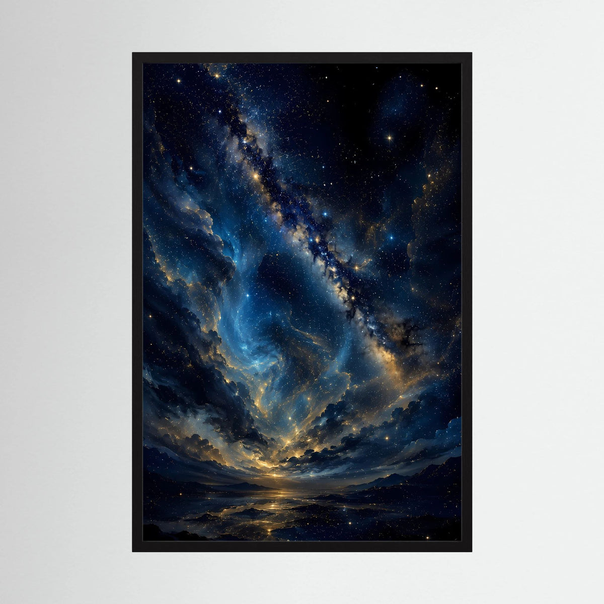 Sternenhimmel in Blau & Gold | Mystische Galaxie über Landschaft | Poster Hochformat