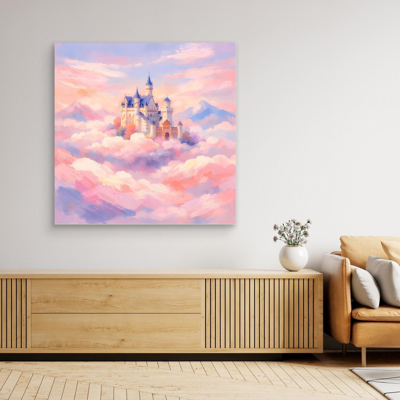 Leinwand Schloss Neuschwanstein über Wolken | Märchenhafte Pastelltöne Wandbild