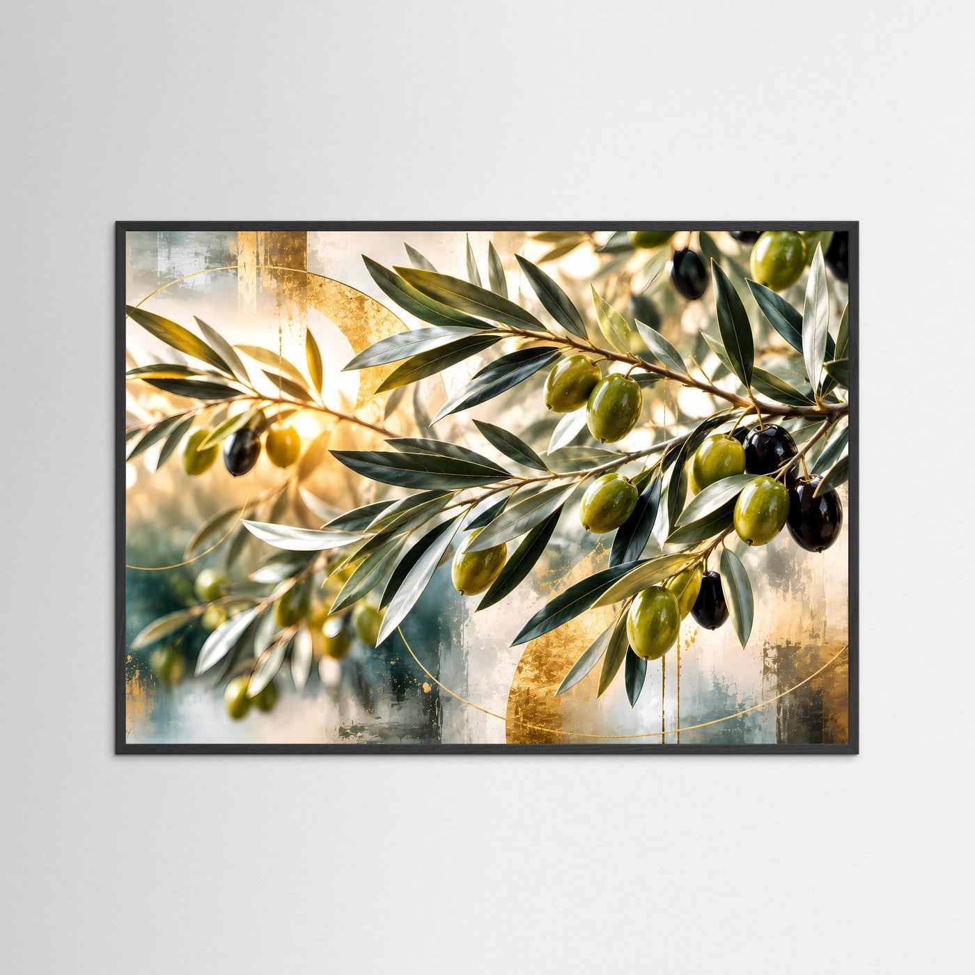 Olivenzweig-Naturkunst, abstraktes Wandbild mit schwarzem Rahmen