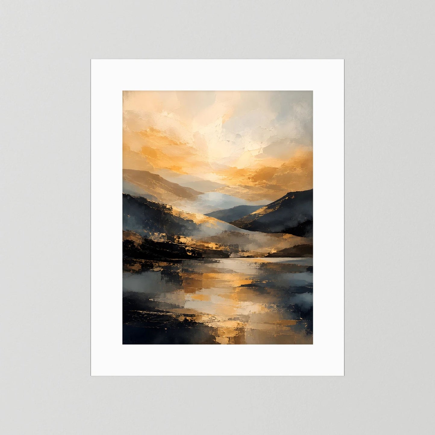 Kunstposter ohne Rahmen, abstrakte Berglandschaft in Gold-, Schwarz- und Creme-Tönen, hochformat