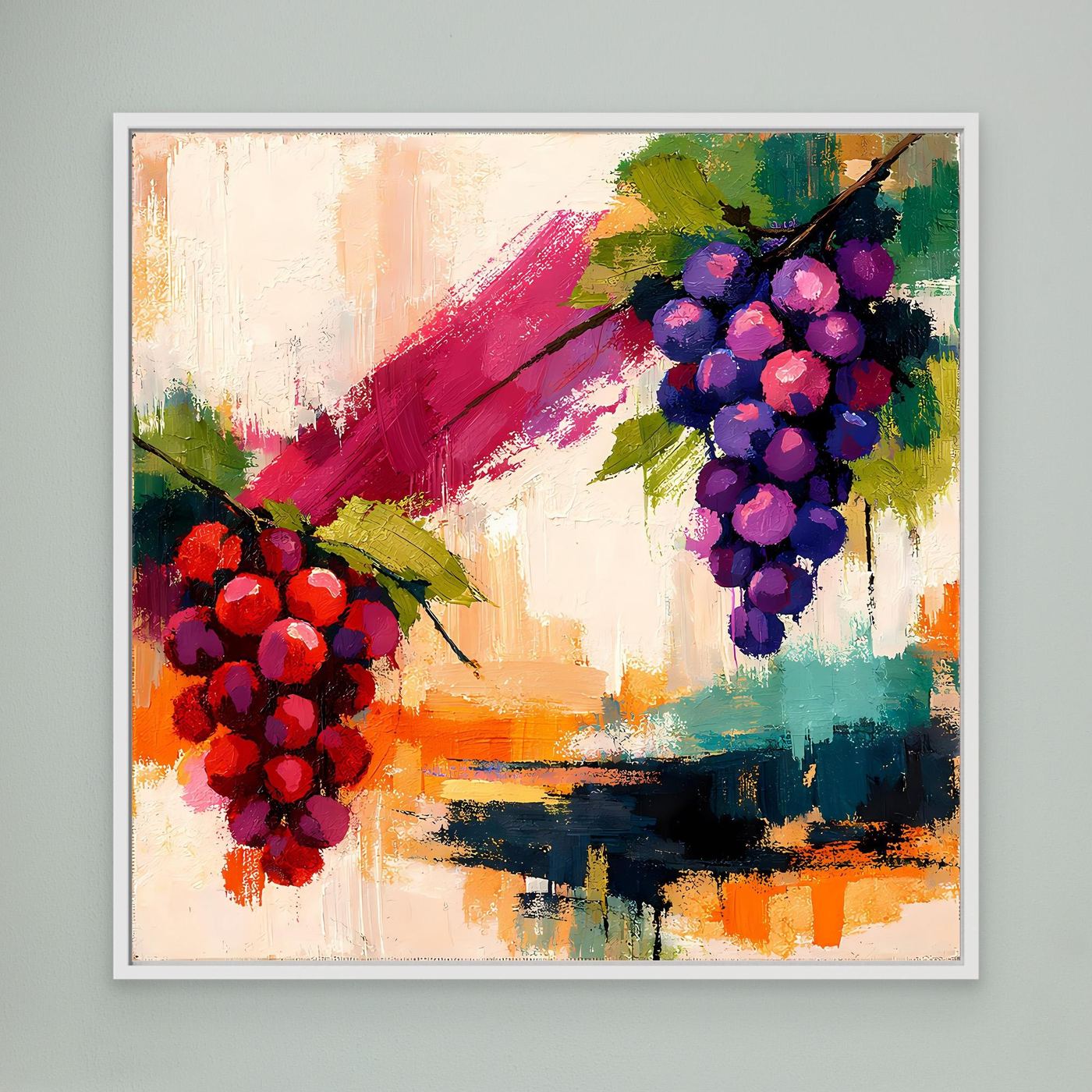 Framed canvas wall art with abstract red and purple grape clusters, white frame