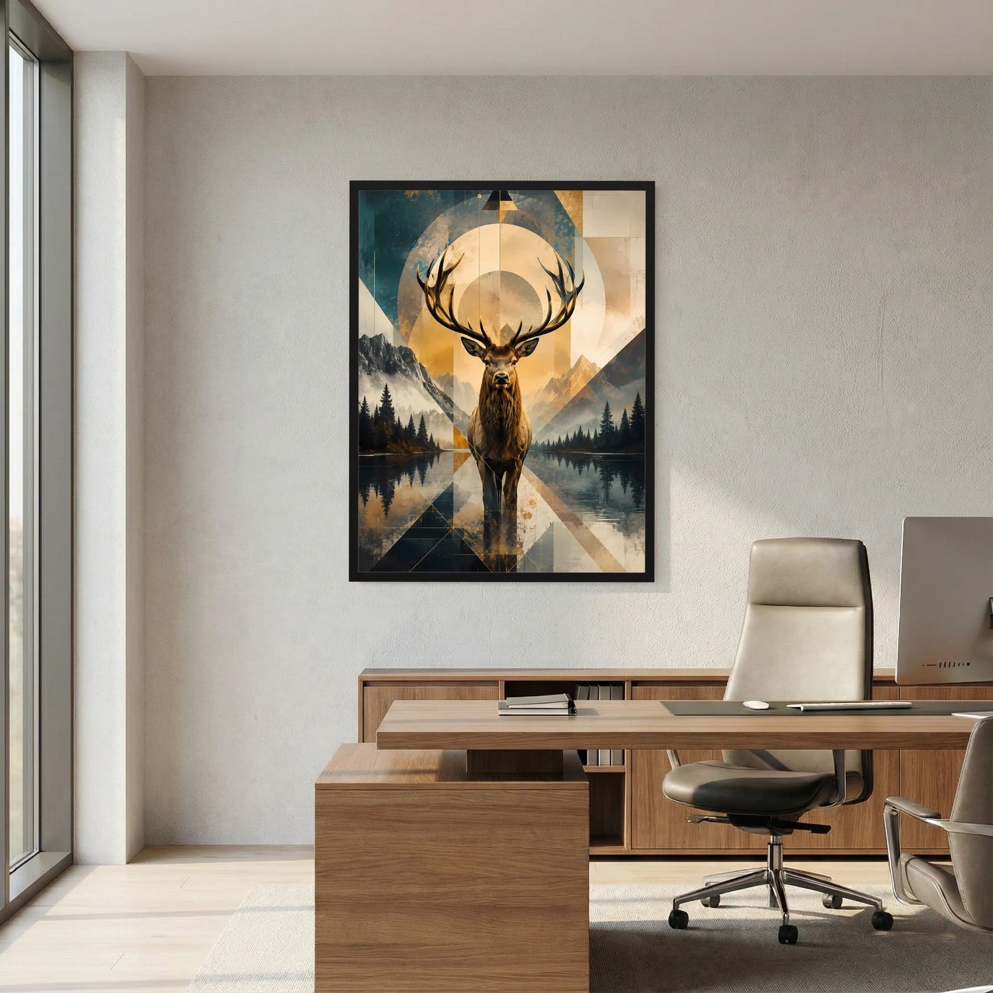 Gerahmtes Poster: Hirsch im geometrischen Design mit Berglandschaft in Blau und Gold