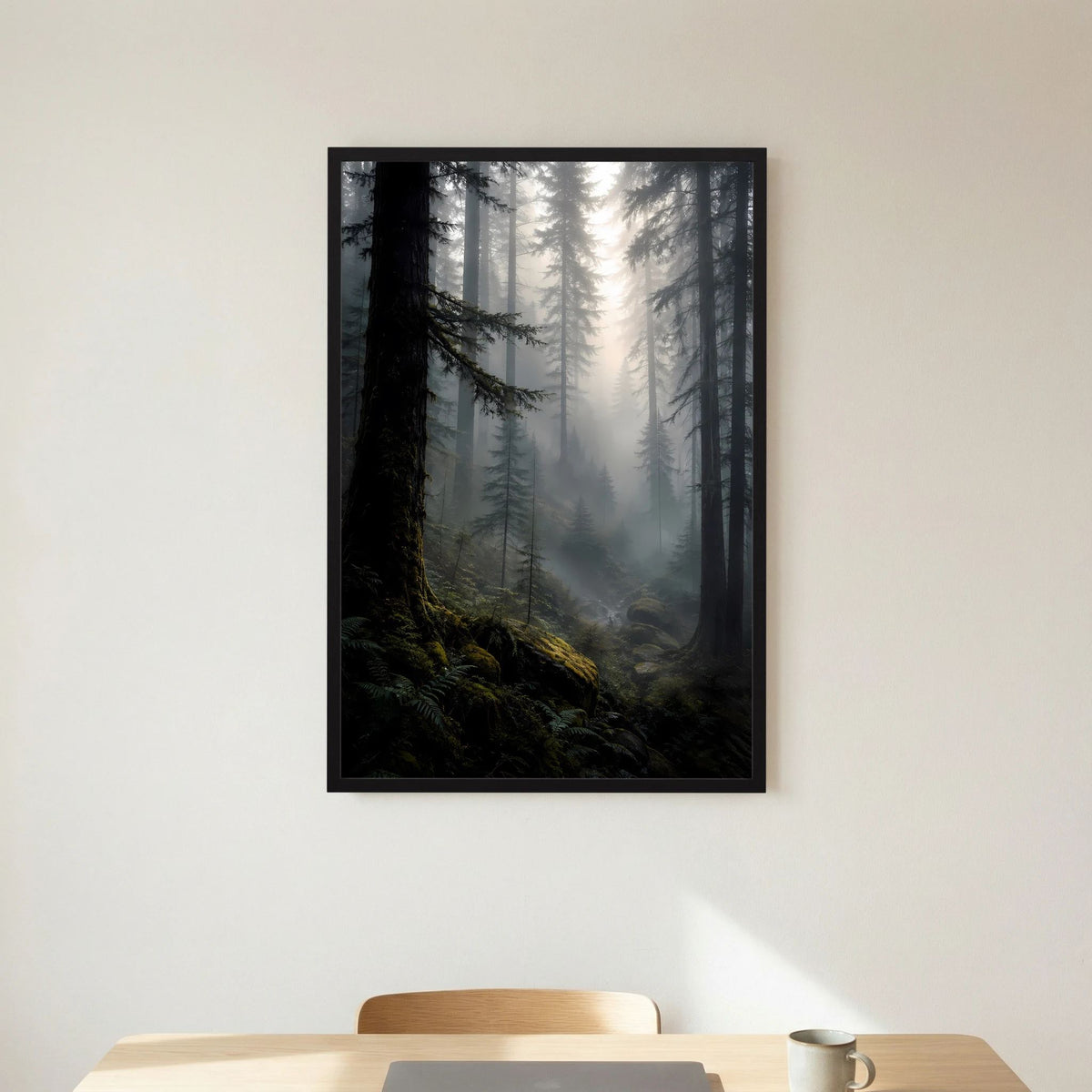 Poster im Hochformat mit dunklem Wald und Lichtstrahlen, schwarz gerahmt an heller Wand