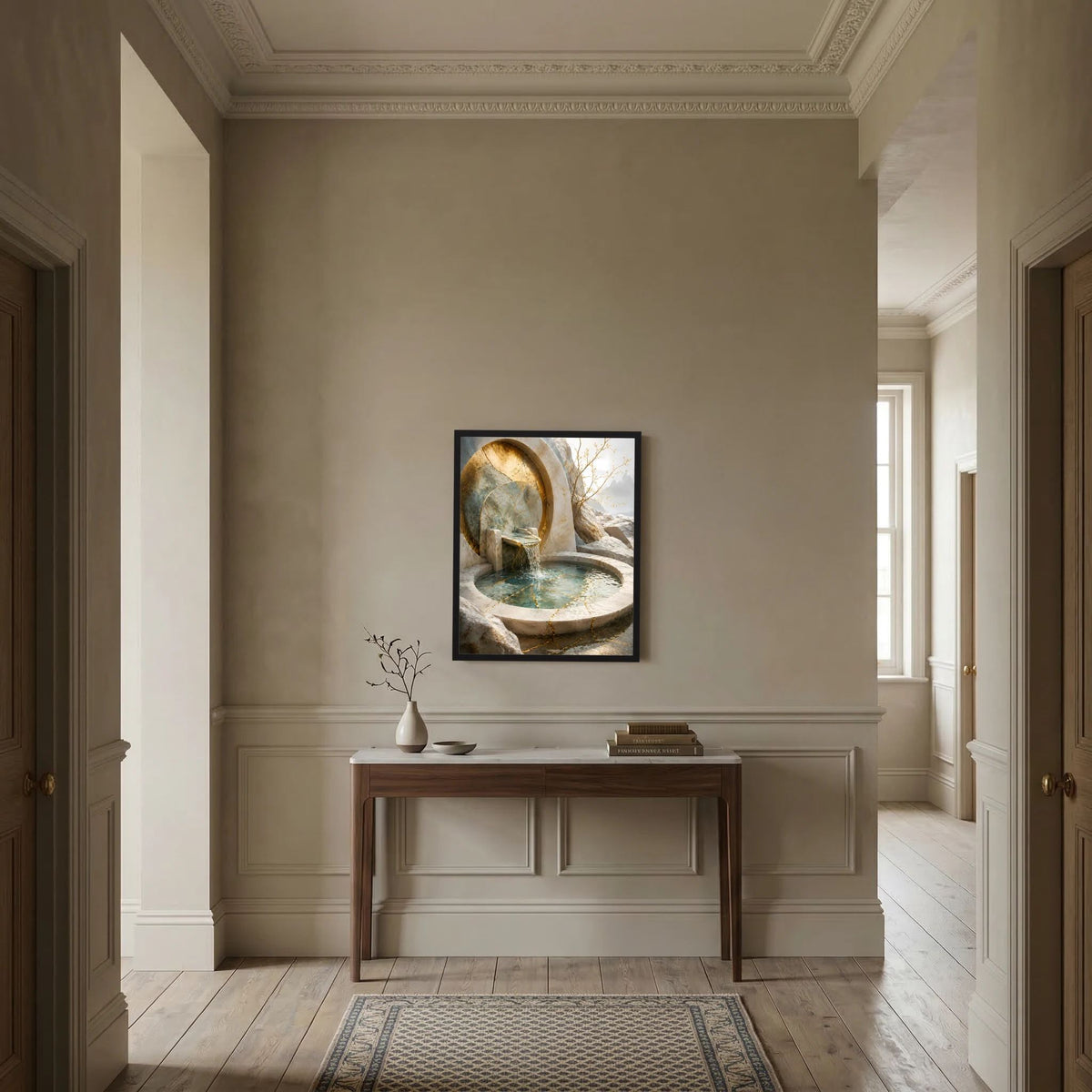 Gerahmtes Poster in Schwarz mit rundem Steinbrunnenbecken, Wasserstrahl und Goldtönen
