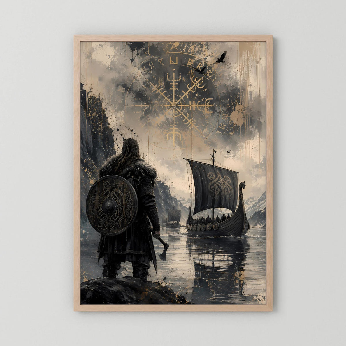 Vikinger-Poster im Hochformat mit hellem Holzrahmen: Krieger, Langschiff und Runen