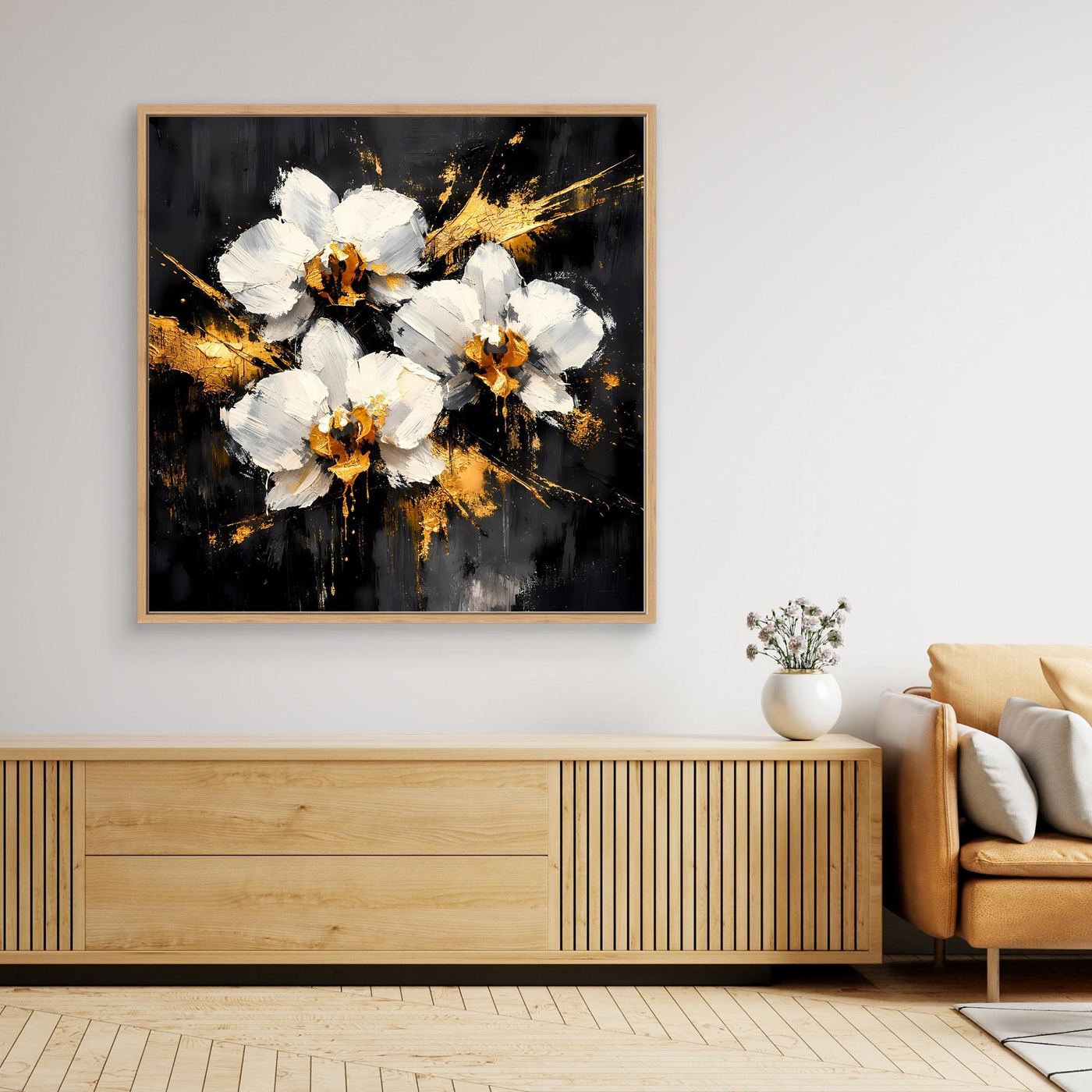 Leinwand Elegante Orchideen in Weiß und Gold | Modernes Abstraktes Blumen Wandbild