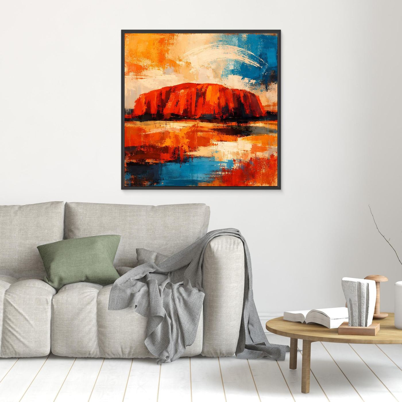 Kleines Leinwand-Wandbild mit rotem Felsmonolith und Blau-Orange Abstraktion, schwarzer Rahmen