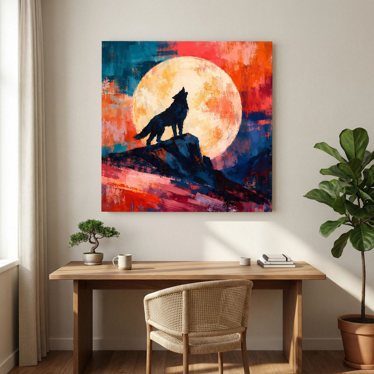 Leinwand Abstraktes Wolf Gemälde | Modernes Mystisches Wandbild Heulender Wolf Vollmond