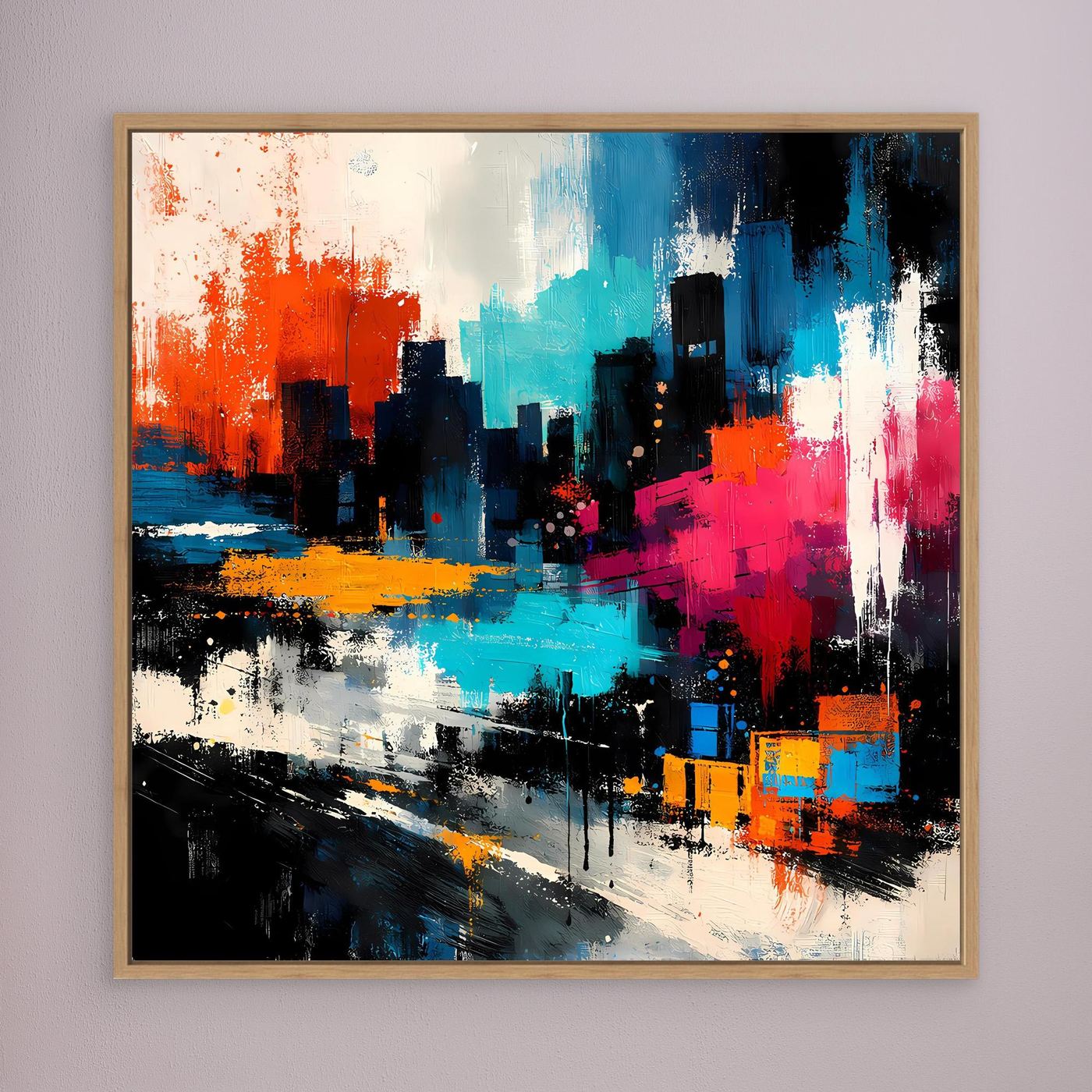 Abstract city skyline canvas wall art with orange, blue and pink city blocks, oak frame