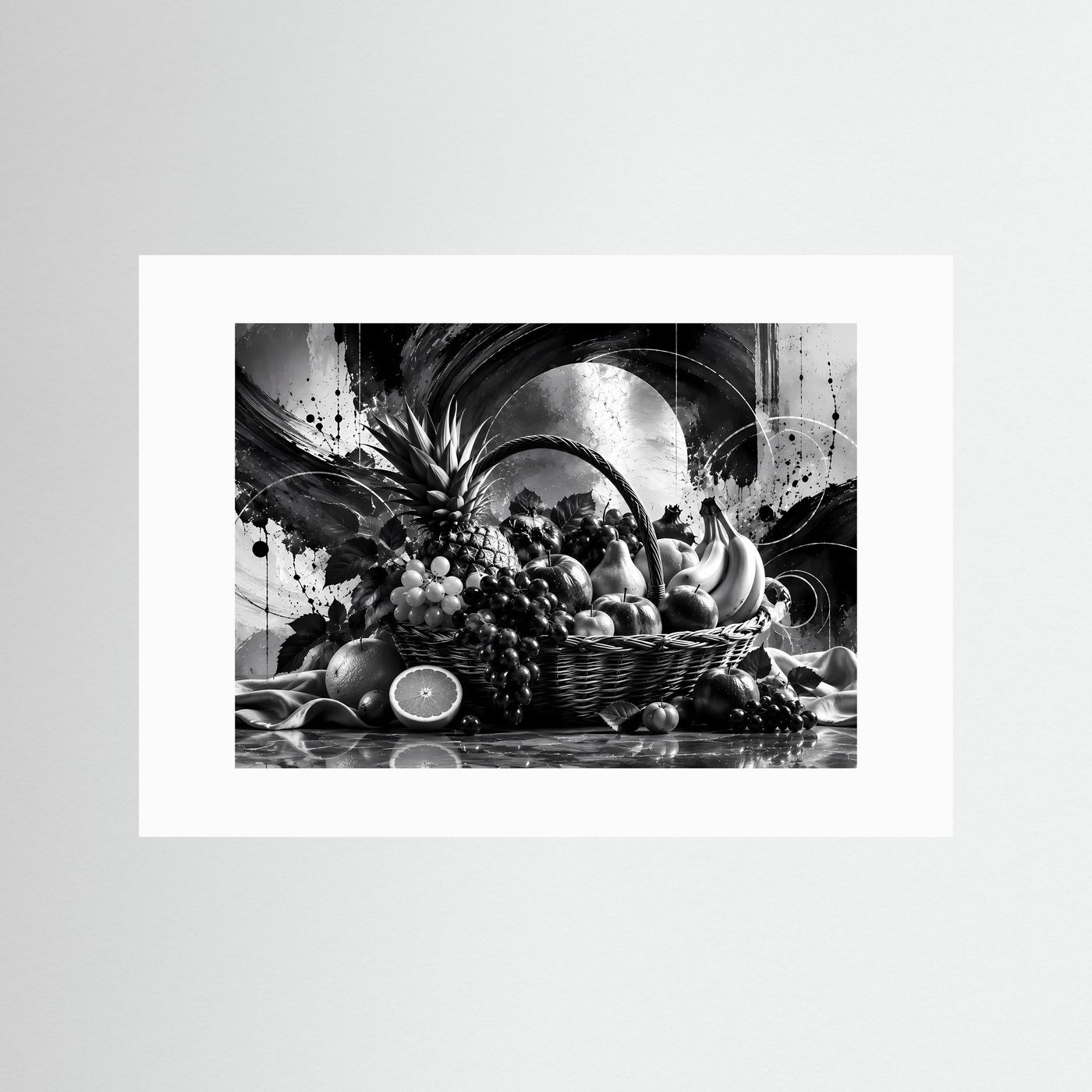 Schwarz-Weiß Obstkorb Poster | Modernes Stillleben Wandbild | Monochrome Früchte Kunst | Elegante Küchen Deko | Abstrakte Wall Art