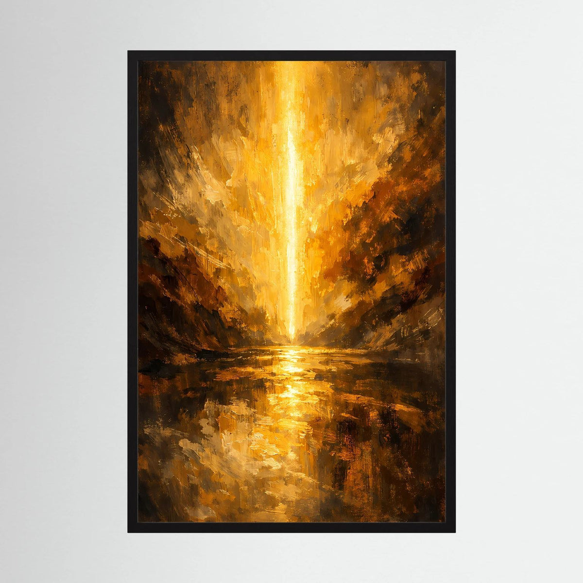 Wandposter mit schwarzem Rahmen, abstrakte goldene Schlucht mit Lichtstrahl und Spiegelung am Boden