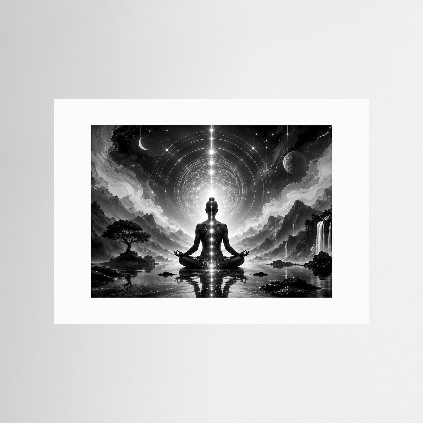 Meditation Schwarz Weiß | Spirituelles Wandbild mit Chakren & Heiliger Geometrie
