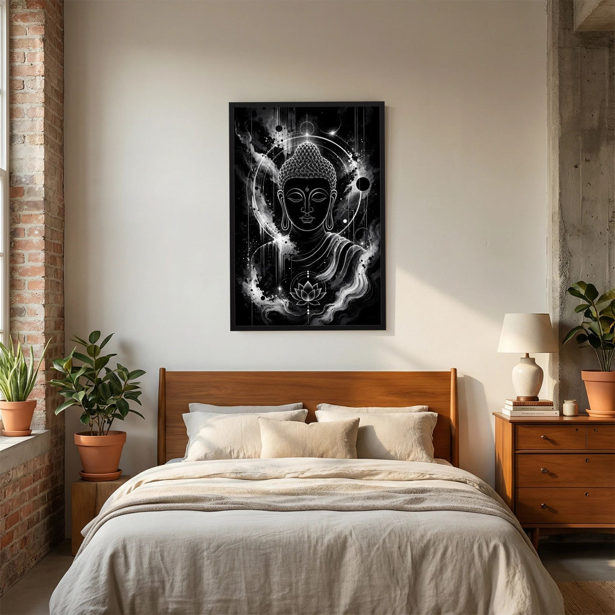 Schwarzweiß-Poster mit Buddha-Gesicht, Lotusblüte und kosmischer Aura, ohne sichtbaren Rahmen.