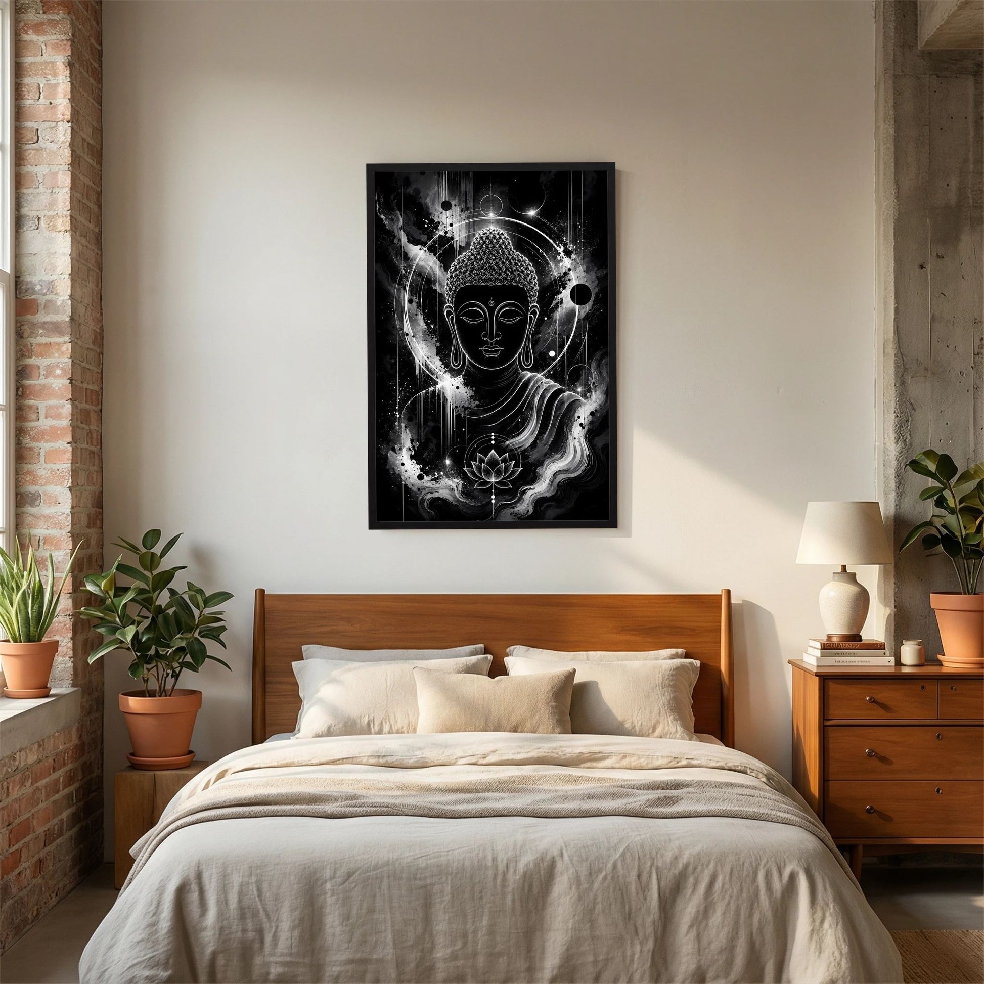 Schwarzweiß-Poster mit Buddha-Gesicht, Lotusblüte und kosmischer Aura, ohne sichtbaren Rahmen.