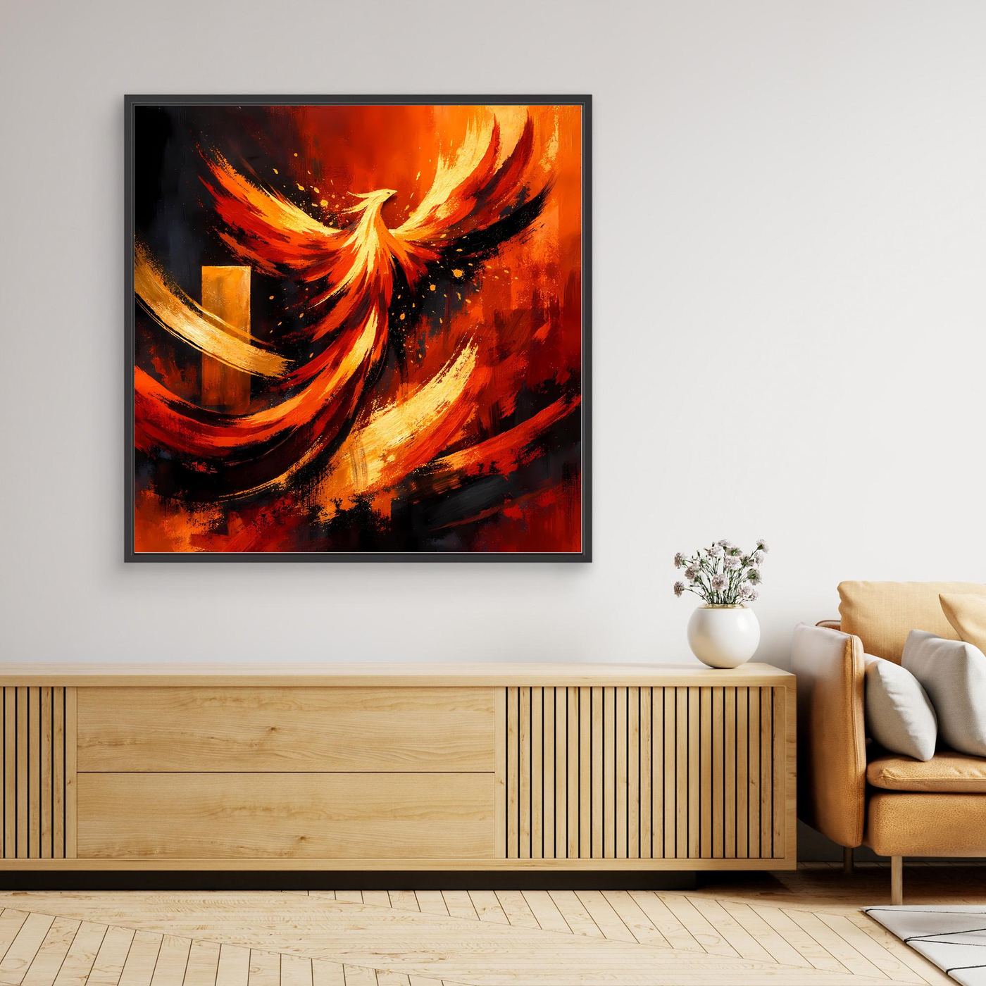 Wandbild mit feurigem Phönixmotiv auf Leinwand, schwarzer Rahmen