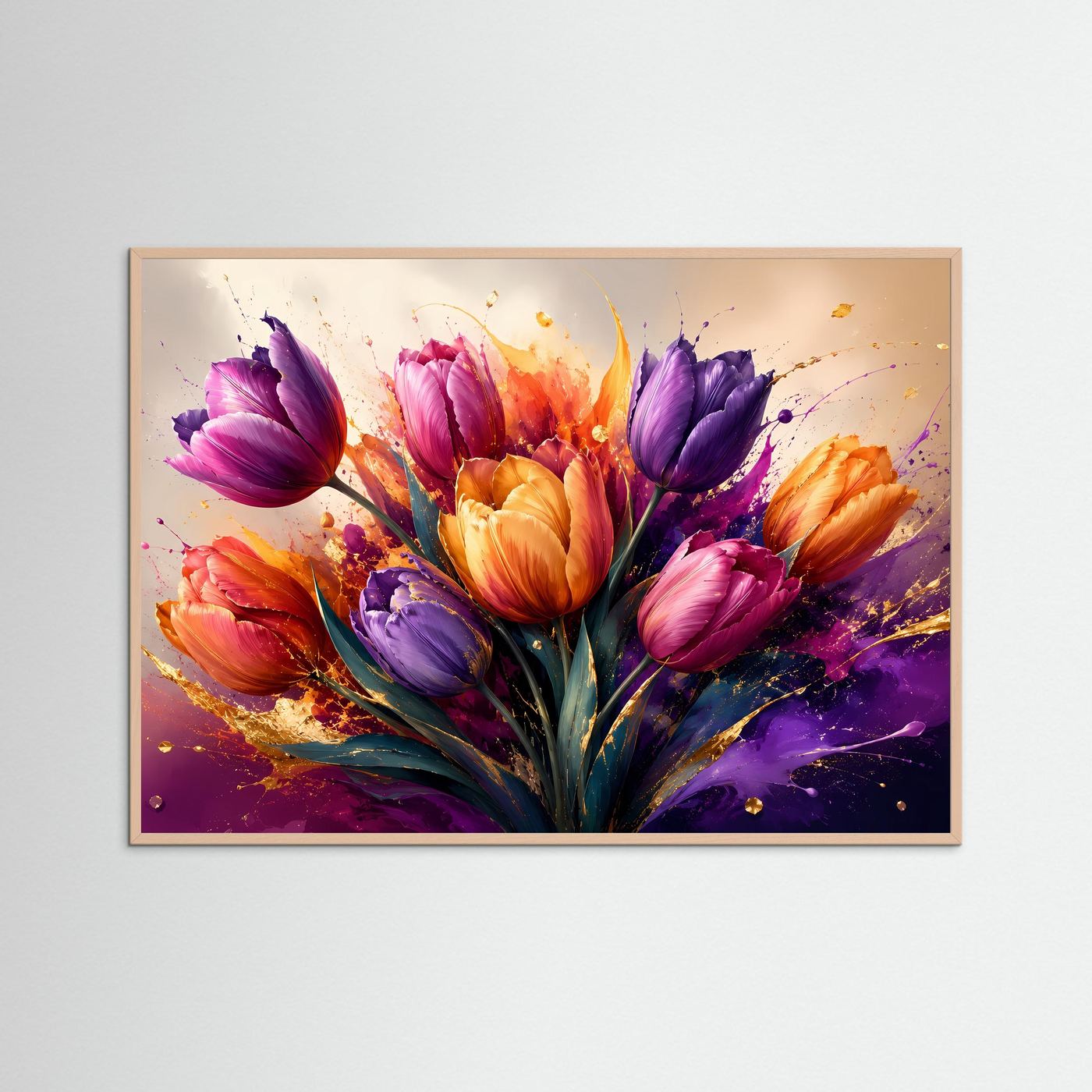 Tulpen Poster | Bunte Blumen Wandkunst | Moderne Abstrakte Tulpen mit Gold | Elegantes Florales Wandbild