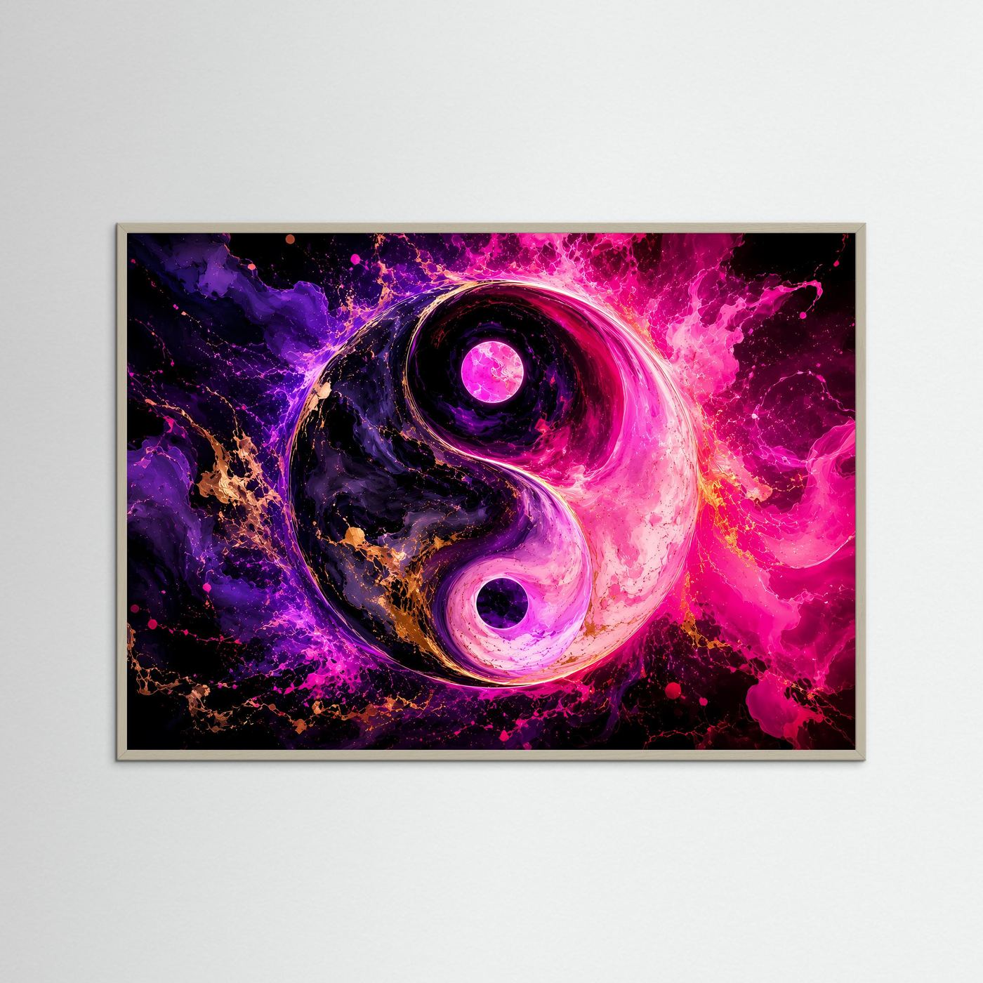 Yin Yang Poster Querformat | Abstrakte Neon Wandkunst Pink Lila | Spirituelle Moderne Leinwandkunst