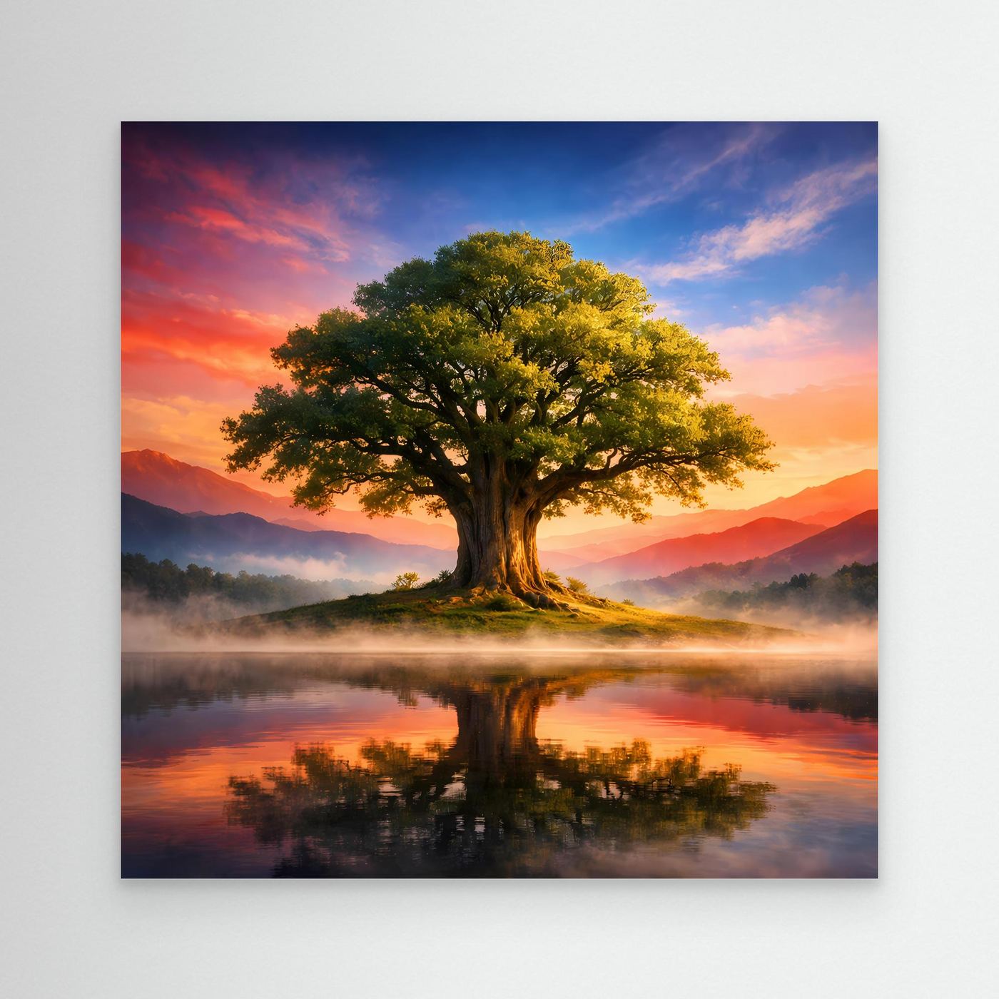Leinwandbild mit Baum bei Sonnenaufgang und Spiegelung im Wasser