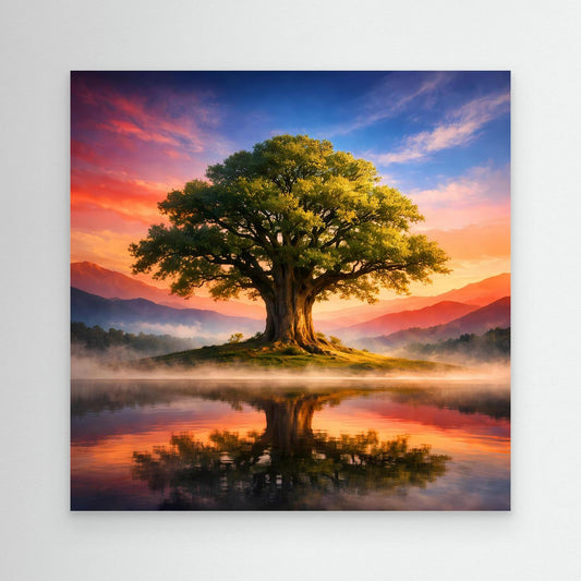 Leinwandbild mit Baum bei Sonnenaufgang und Spiegelung im Wasser