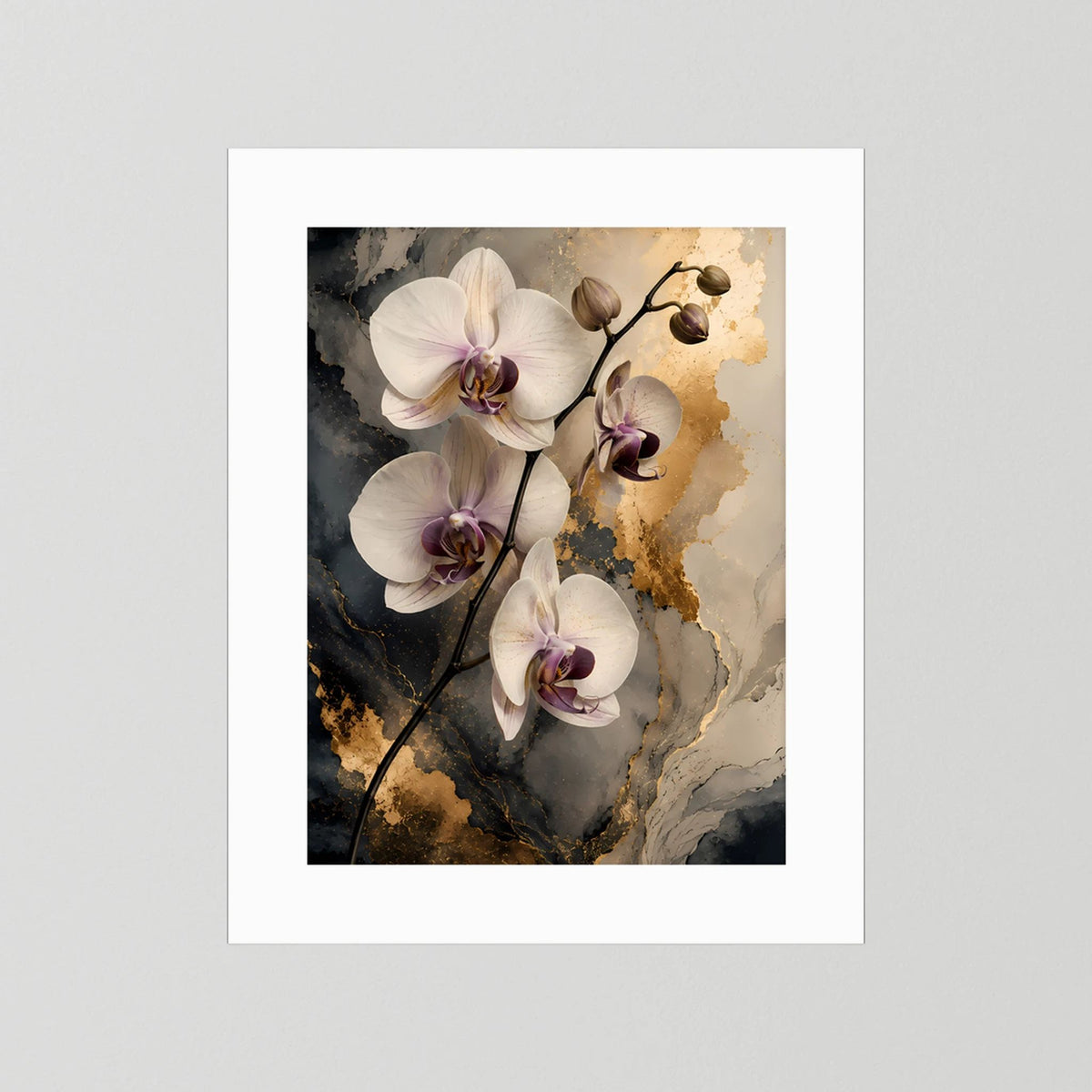 Weiße Orchideen mit Gold | Elegante Blüten auf Marmoroptik | Poster Hochformat