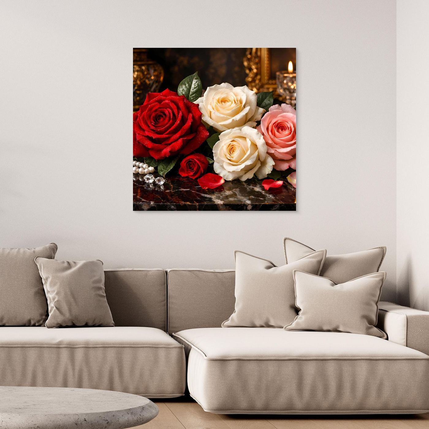 Wandbild Rosenstillleben mit roten, creme- und rosafarbenen Rosen, schwarzer Rahmen