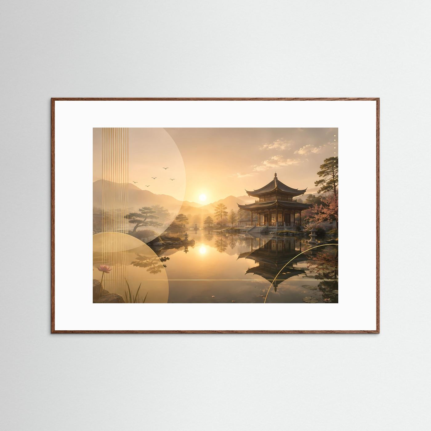 Gerahmtes Wandbild mit asiatischem Tempel am See bei goldenem Sonnenuntergang, brauner Rahmen