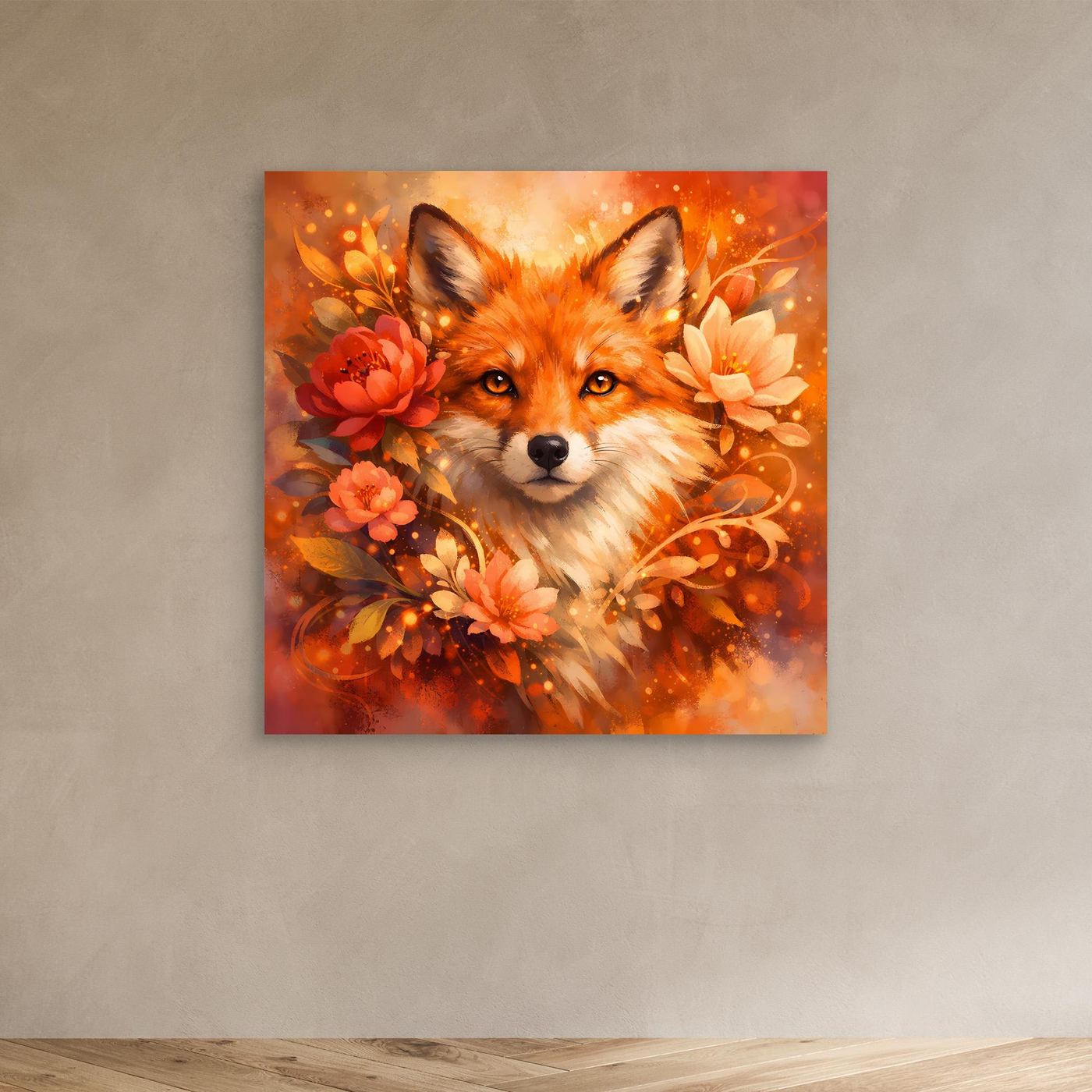 Leinwandbild mit Fuchs und Blumen, orangefarben, ohne Rahmen