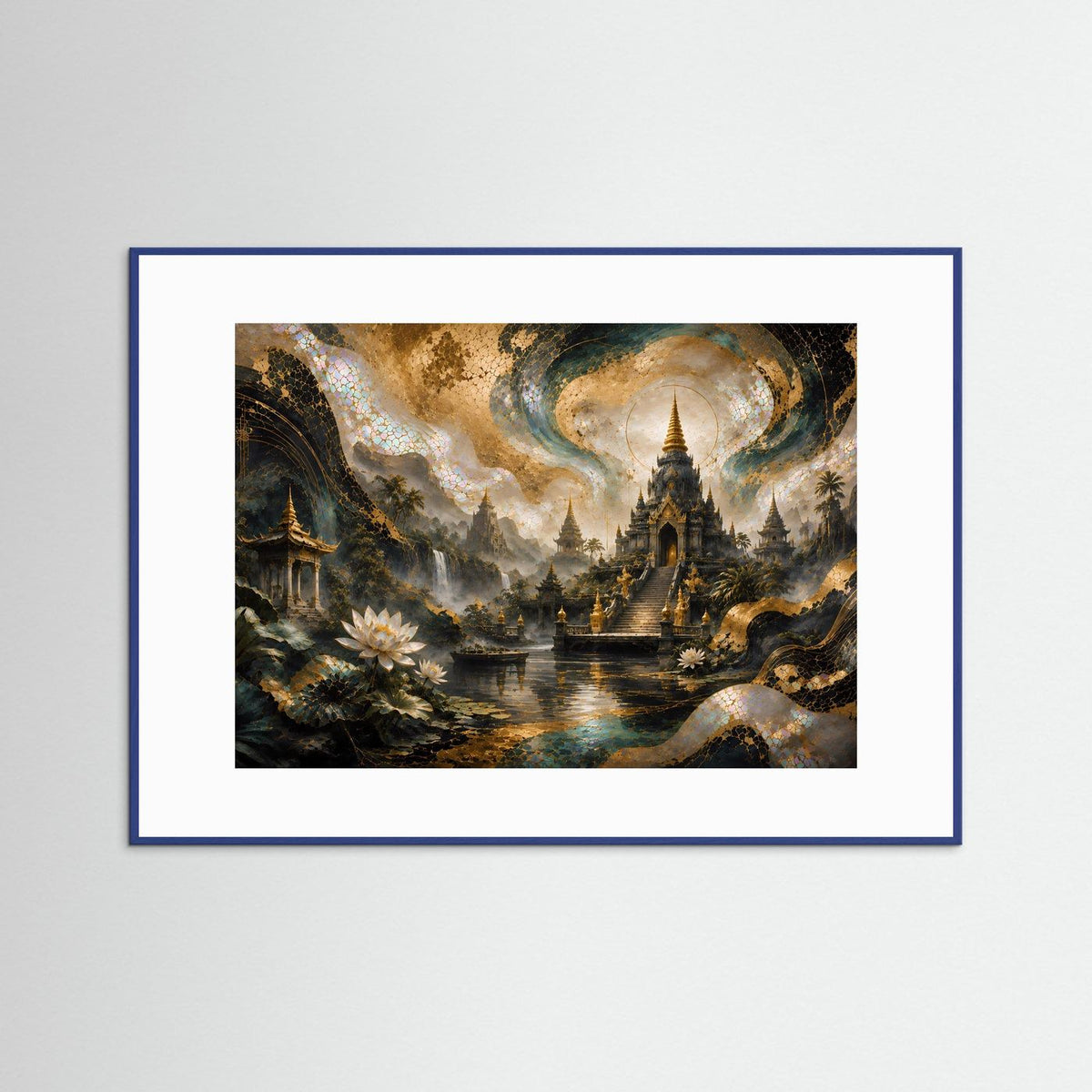 Gerahmtes Fantasie-Poster: Tempel über Wasser, Wolkenwirbel und goldene Lichterscheinungen