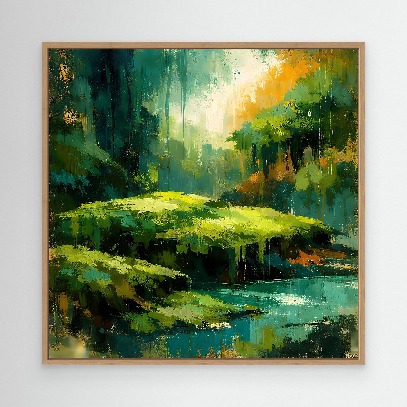 Abstraktes Dschungel-Wandbild mit grünem Fluss und gelbem Licht, Eichenrahmen