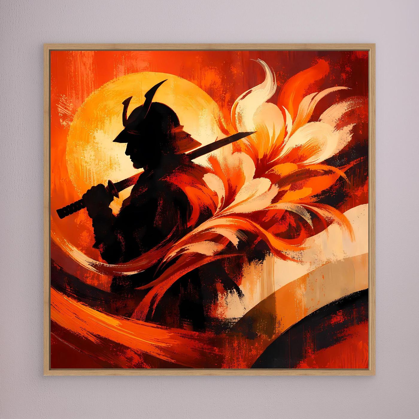 Gerahmtes Wandbild mit schwarzer Samurai-Silhouette, Schwert und gelb-orangen Feuerbögen