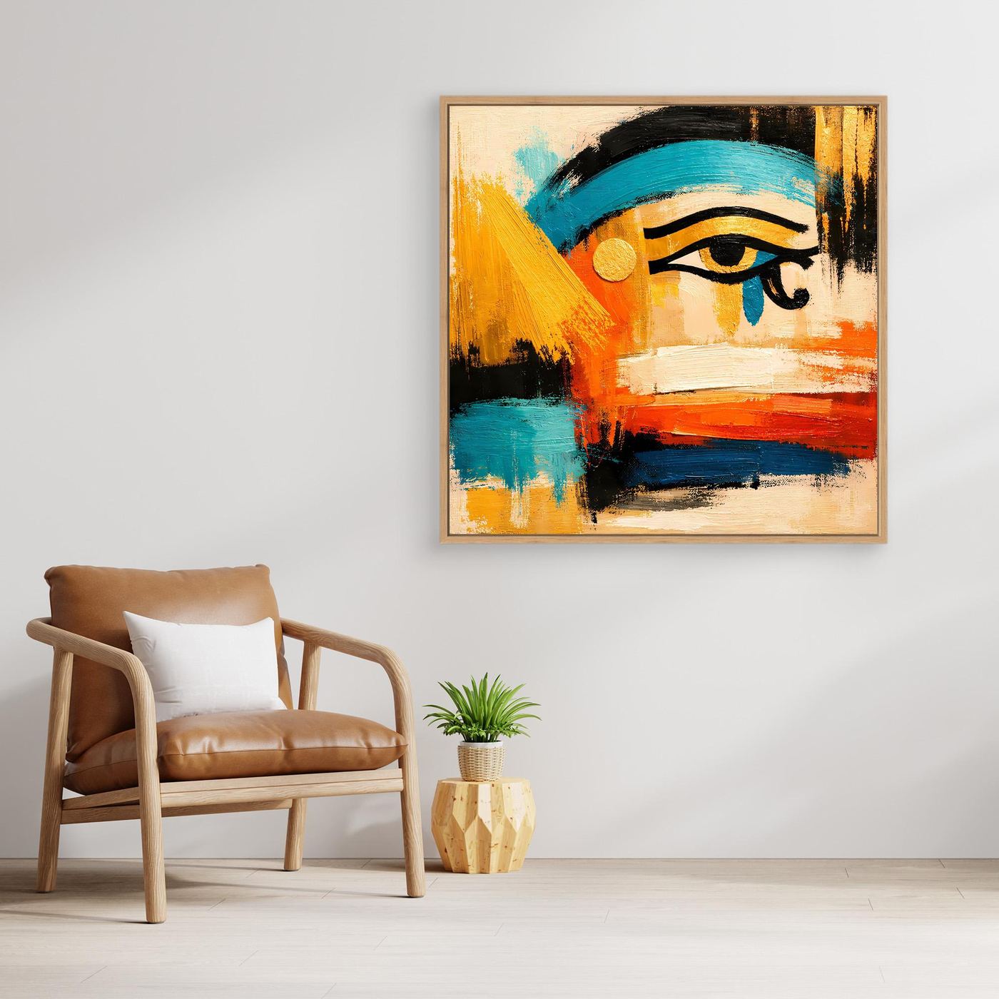 Framed abstract Eye of Horus canvas art with teal-blue arc and orange-red horizontal bands