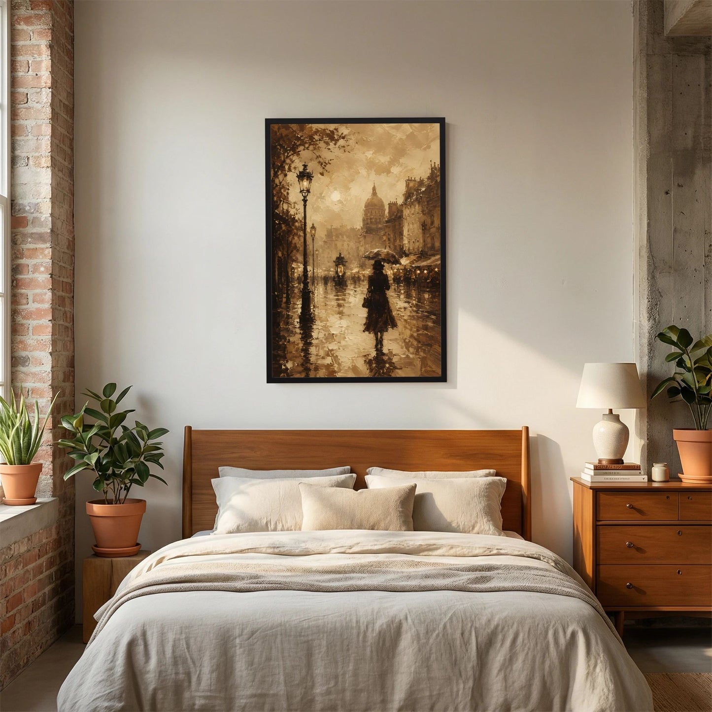 Gerahmtes Hochformat-Wandbild mit sepia Straßenszene, Frau mit Schirm und Laternen in der Stadt