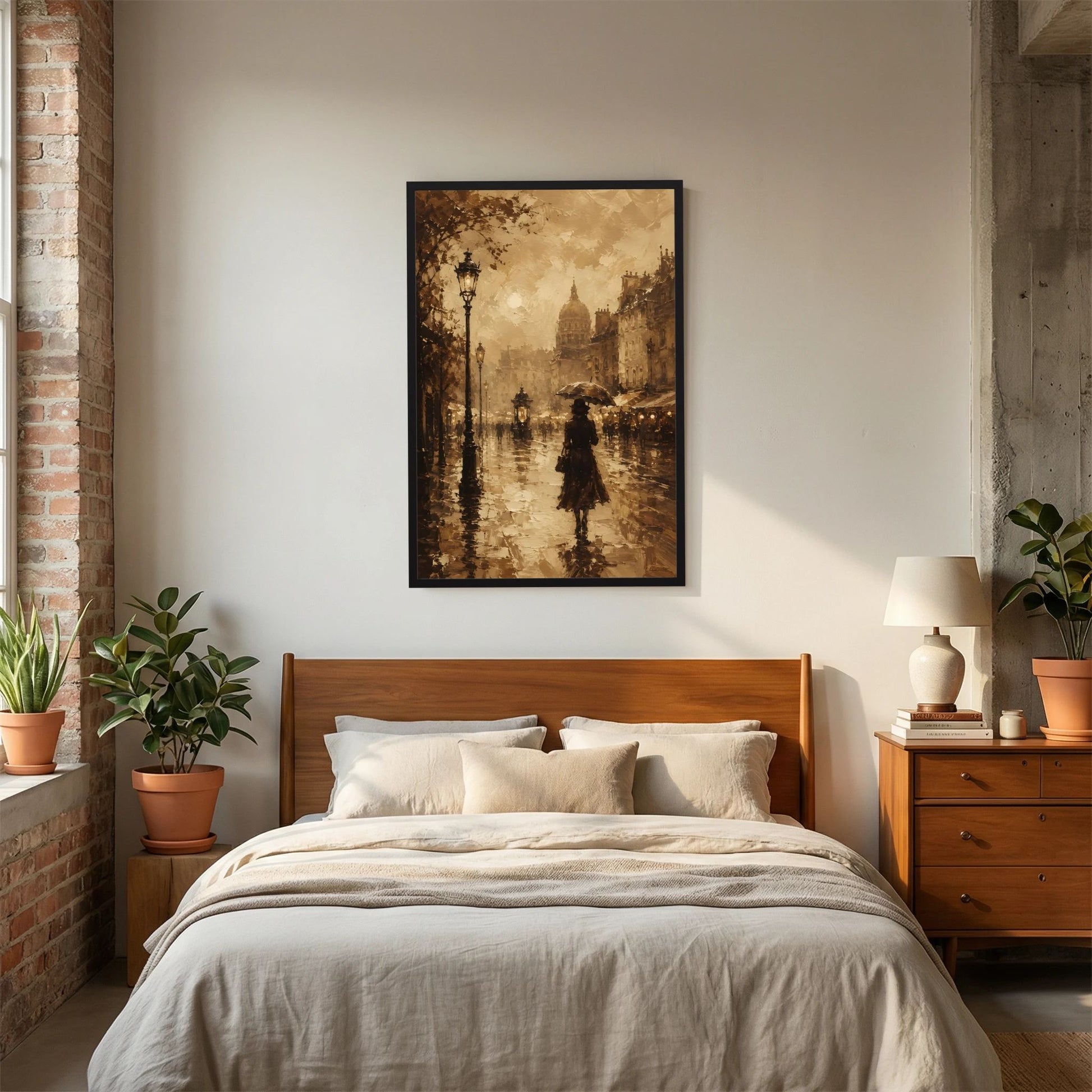 Gerahmtes Hochformat-Wandbild mit sepia Straßenszene, Frau mit Schirm und Laternen in der Stadt