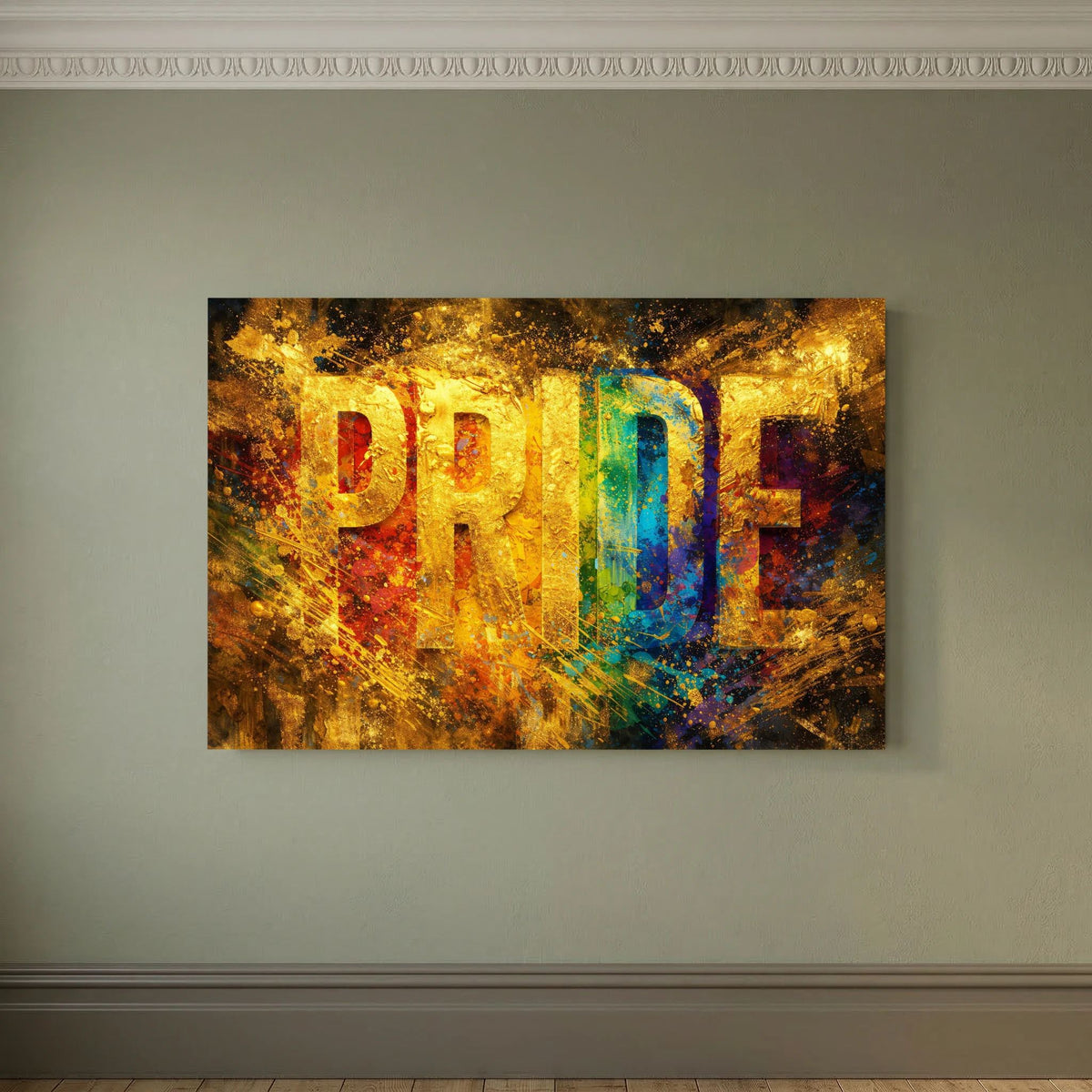 Wandbild-Poster im Querformat mit goldener PRIDE-Typografie, leuchtenden Regenbogenfarben