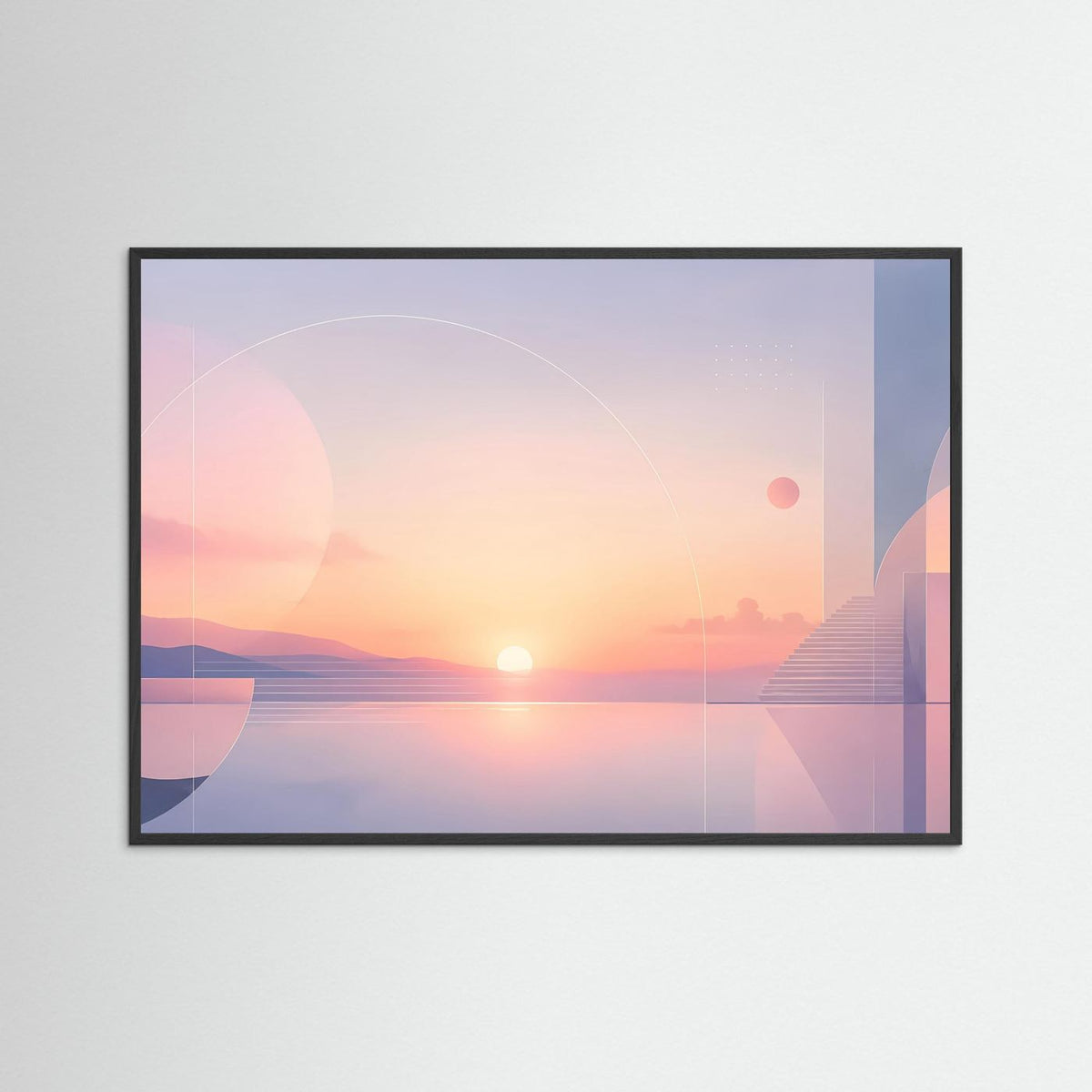 Querformat-Poster im schwarzen Rahmen mit pastellfarbener abstrakter Sonnenlandschaft