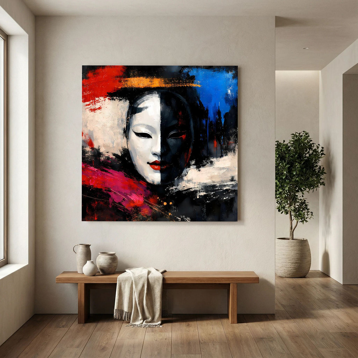 Leinwand-Wandbild mit stilisierter Geisha-Maske, Pop-Art-Optik mit Rot-, Blau- und Weißflächen