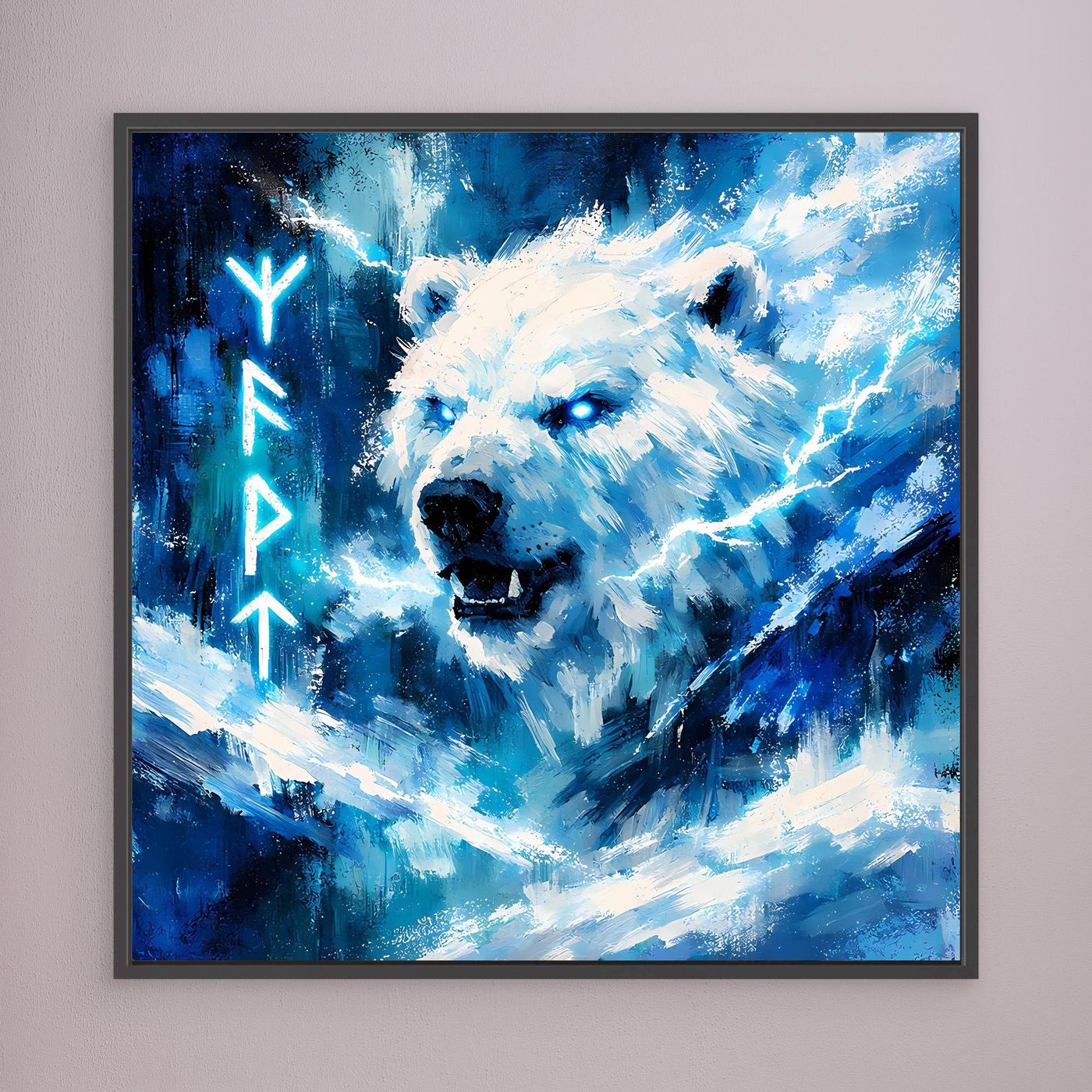 Schwarzes gerahmtes Leinwand-Wandbild mit blauem Eisbär, Runen und abstrakten Lichtstrahlen