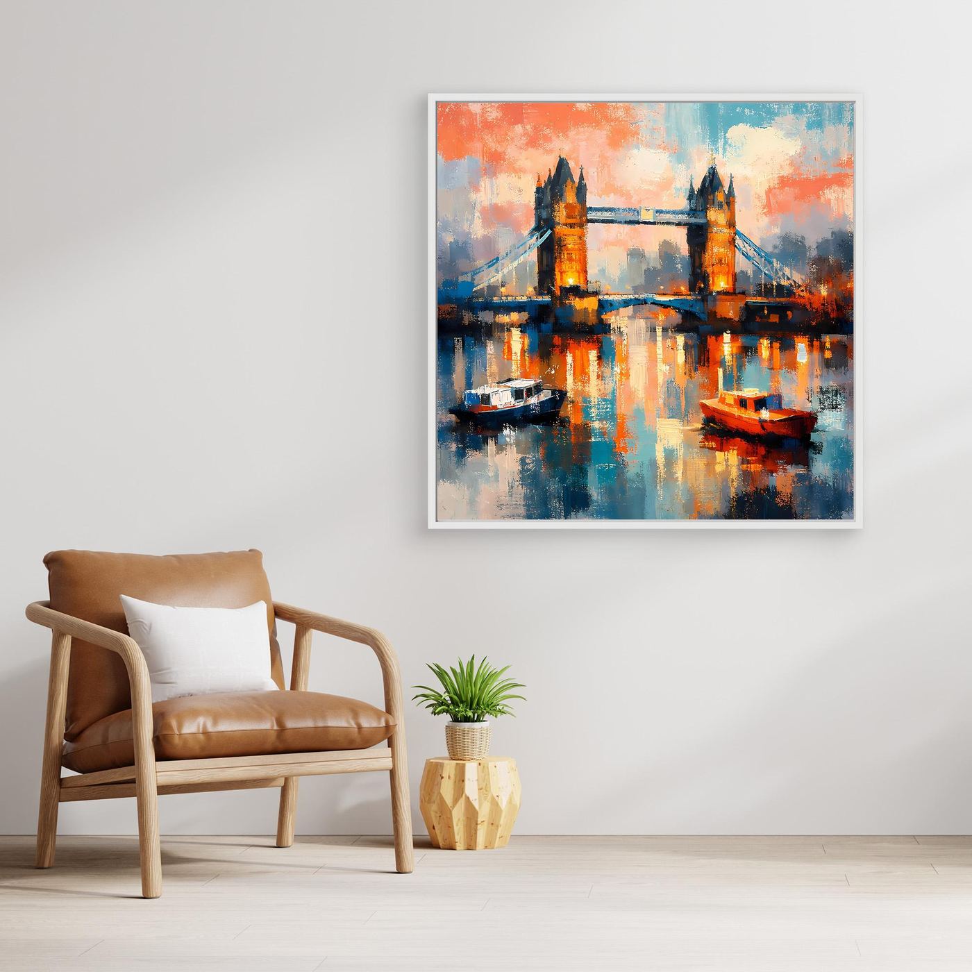 Leinwand-Wandbild mit abstrakter Tower-Bridge und Spiegelung im Wasser, im weißen Rahmen.