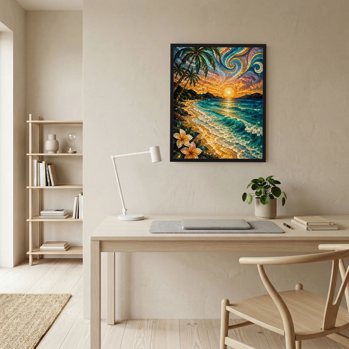 Gerahmtes Hochformat-Wandposter mit Palmen am Strand und Meer im Mosaikstil