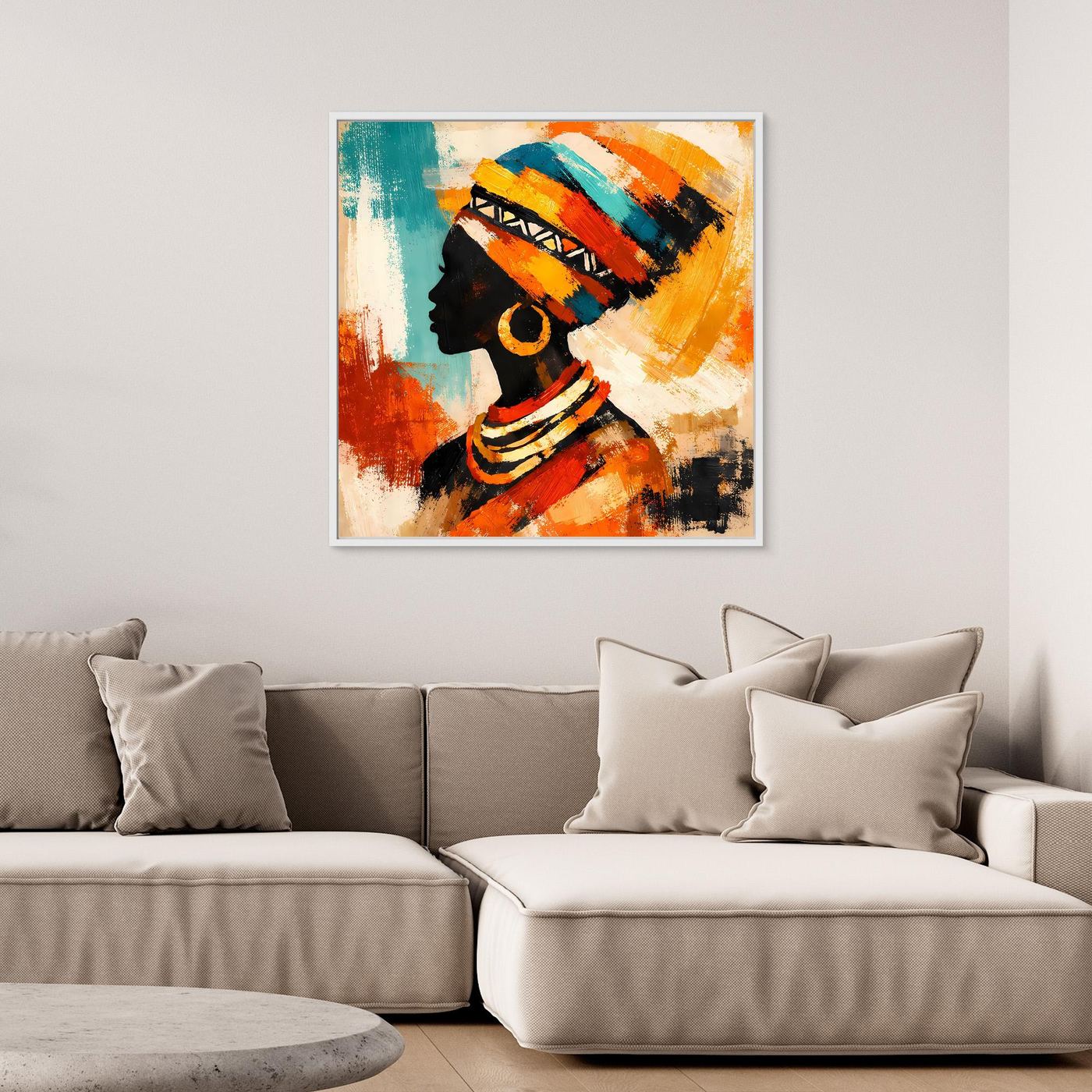 Framed abstract canvas wall art of a woman in side profile with multicolor headscarf