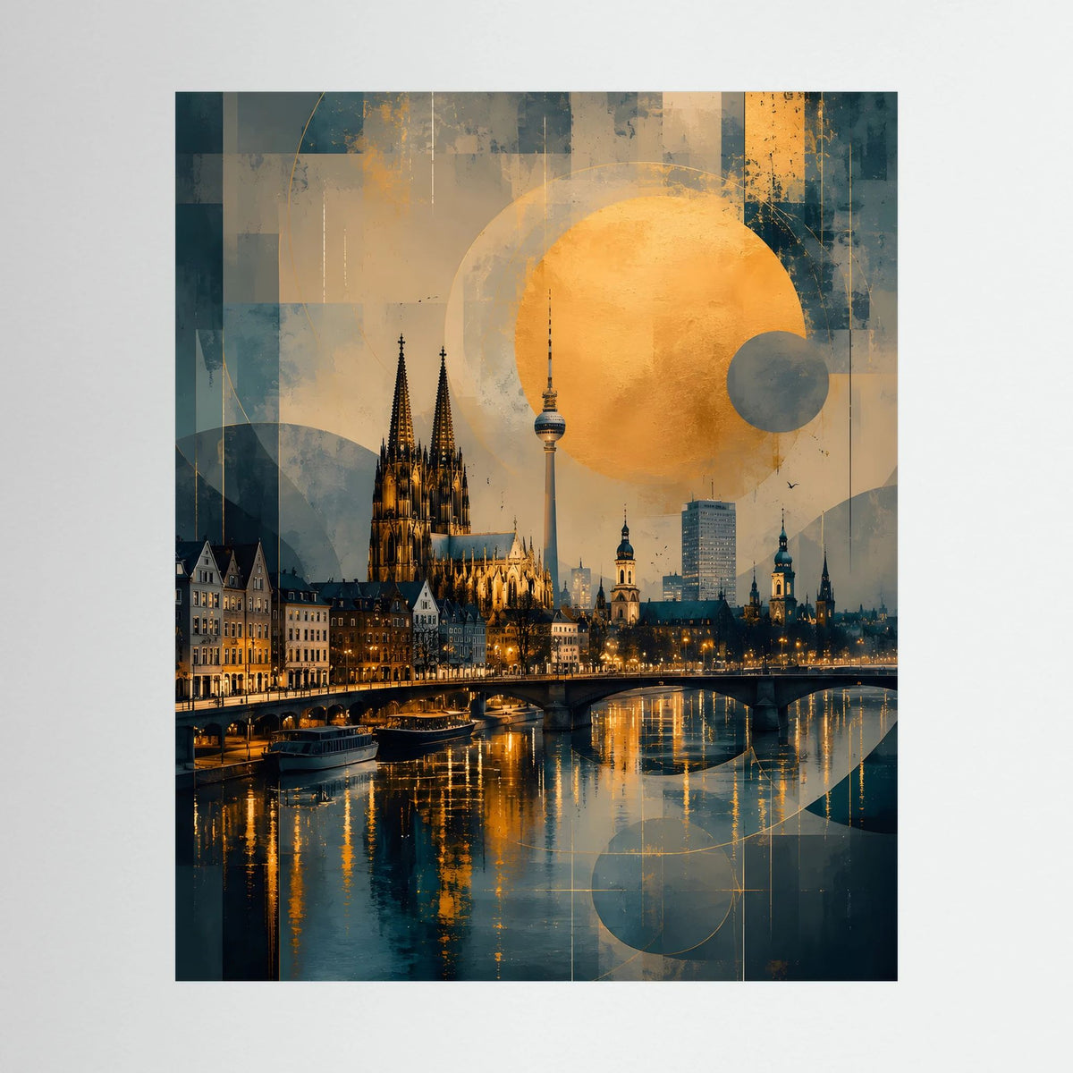 Abstraktes Poster mit Kölner Dom, Skyline am Rhein und goldener Sonne, Hochformat