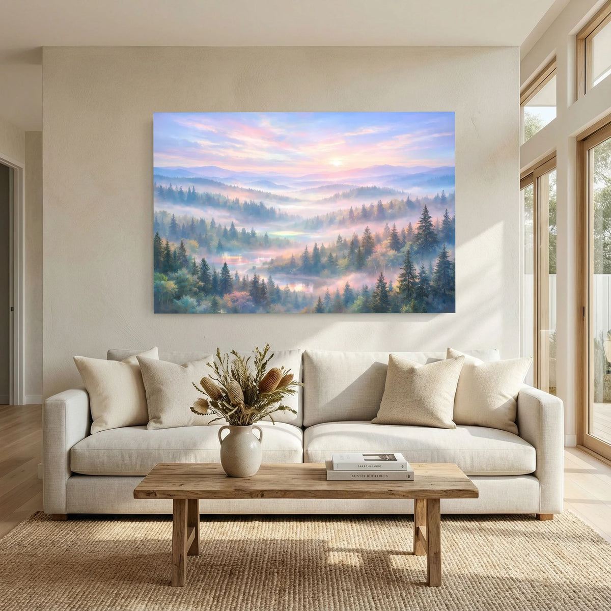 Waldlandschaft-Wandbild im Querformat mit Morgennebel und farbigem Himmel