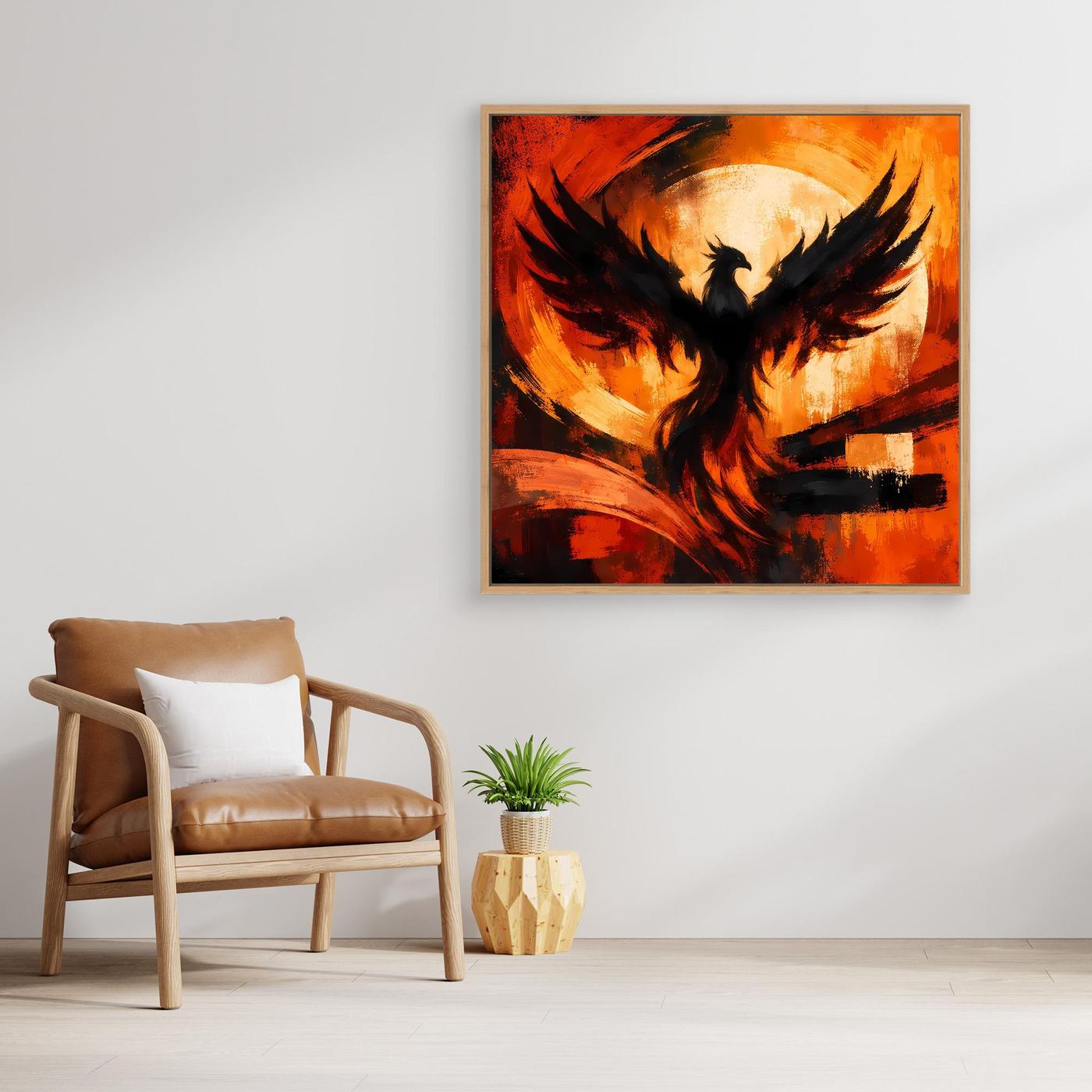 Quadratisches Leinwandbild mit Phönix-Motiv, heller Holzrahmen
