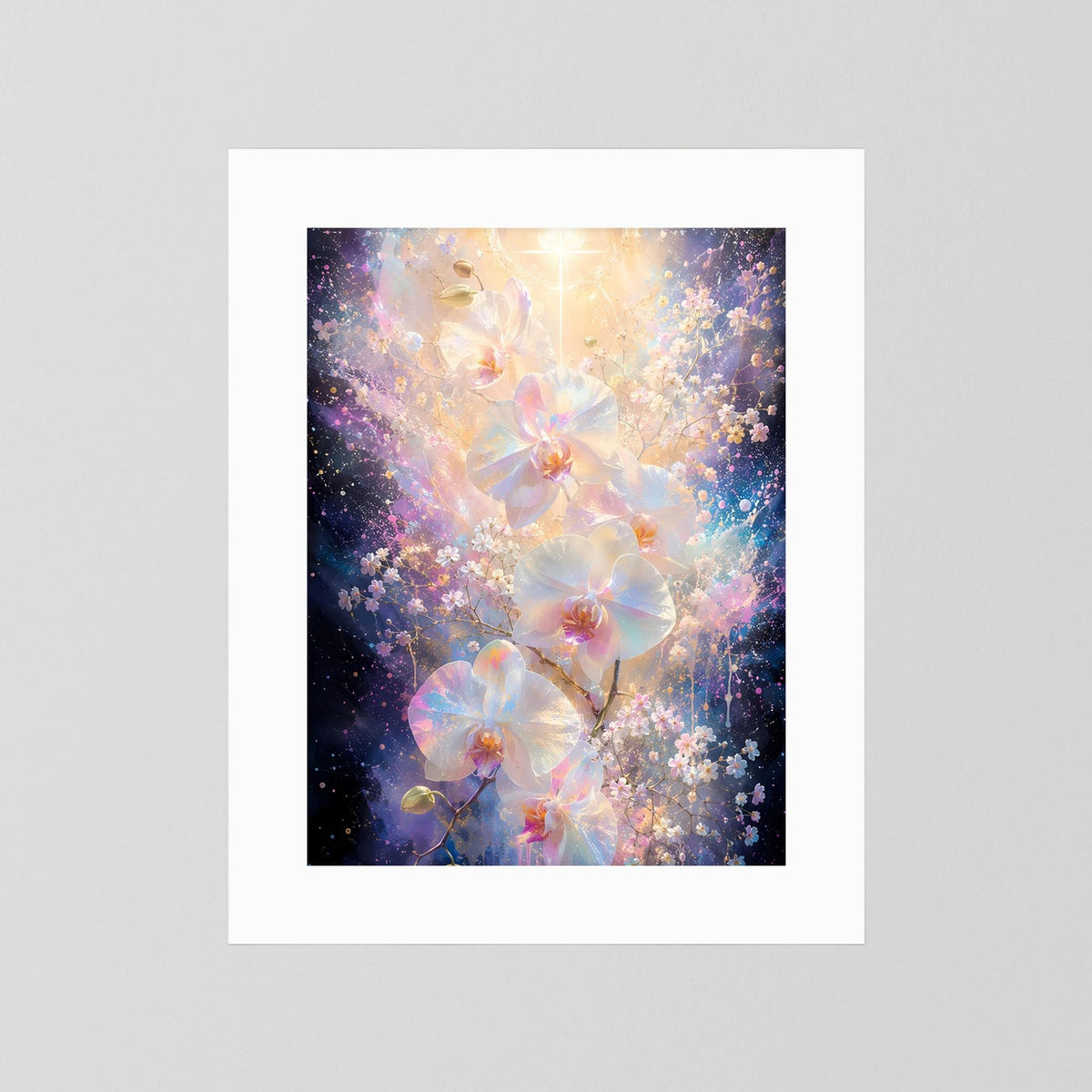 Hochformat-Poster mit weißen Orchideen und gold schimmernder Lichtmitte, ohne Rahmen.
