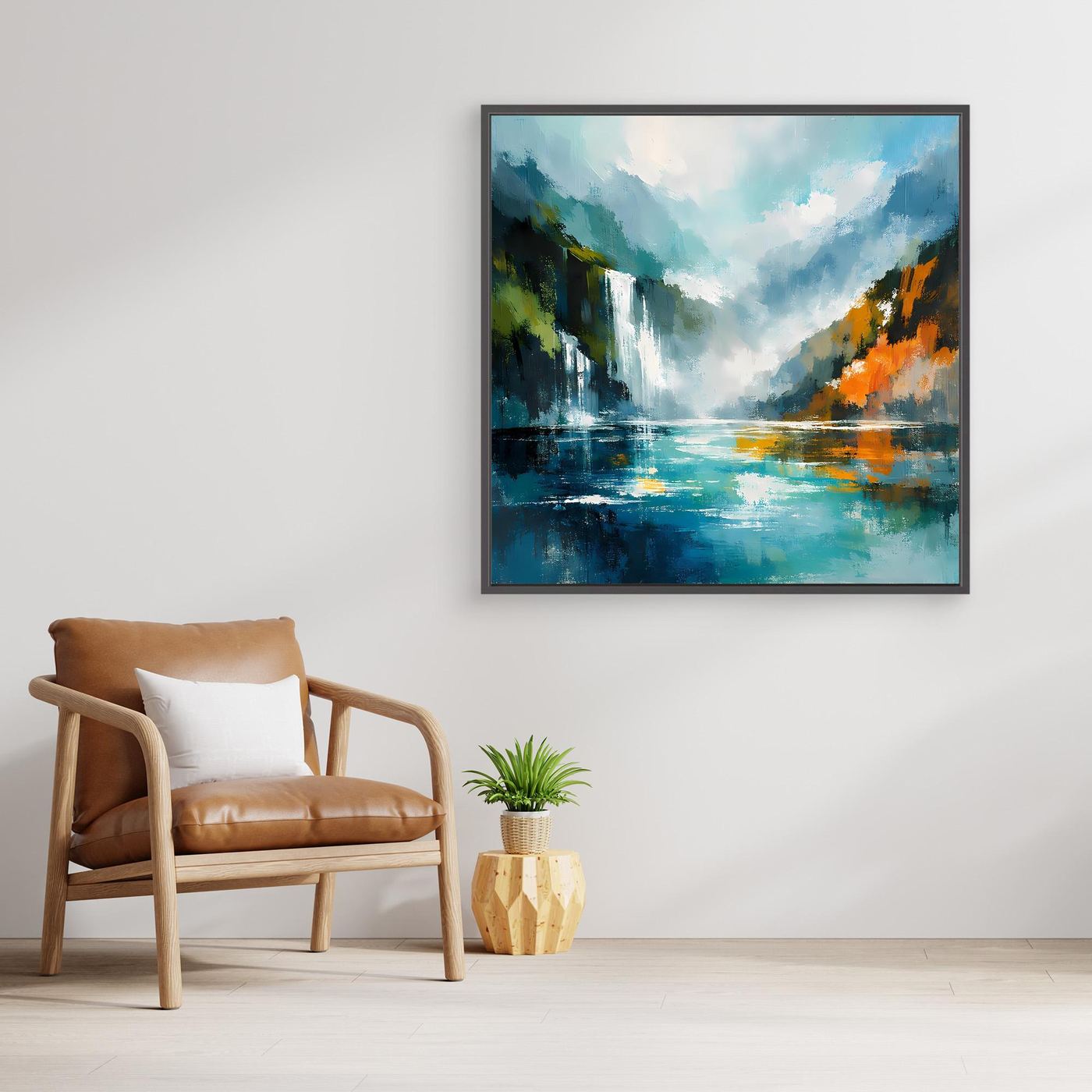 Abstraktes Leinwand-Wandbild Wasserfall im Fjord mit schwarzem Rahmen, blau-grün