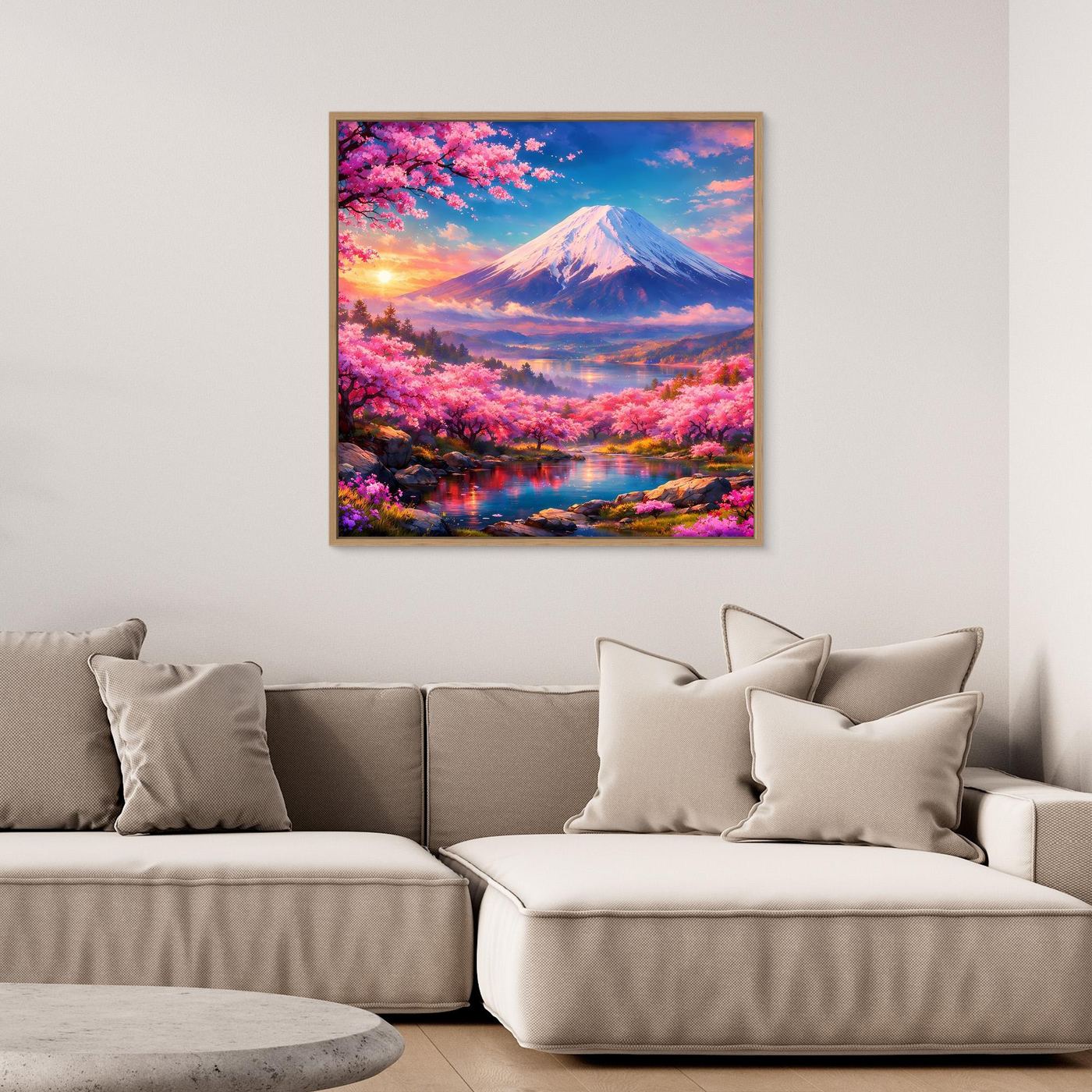 Leinwandbild Magischer Fuji & Kirschblüte | Japanisches Frühlingserwachen Wandbild auf echtem Holzkeilrahmen